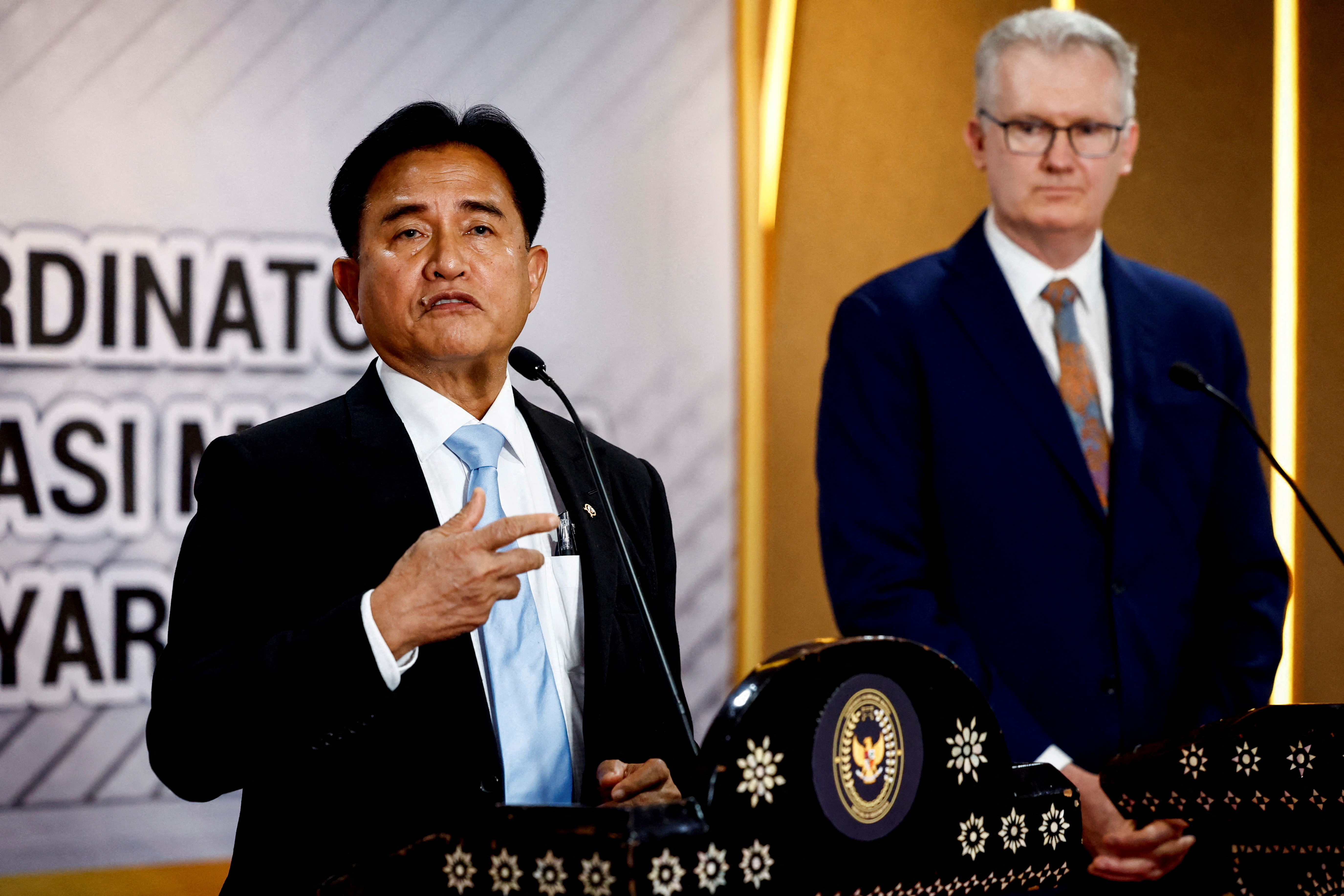 Indonesia's Chief Minister for Law and Human Rights Yusril Ihza Mahendra meets Australia's Minister for Home Affairs Tony Burke in Jakarta