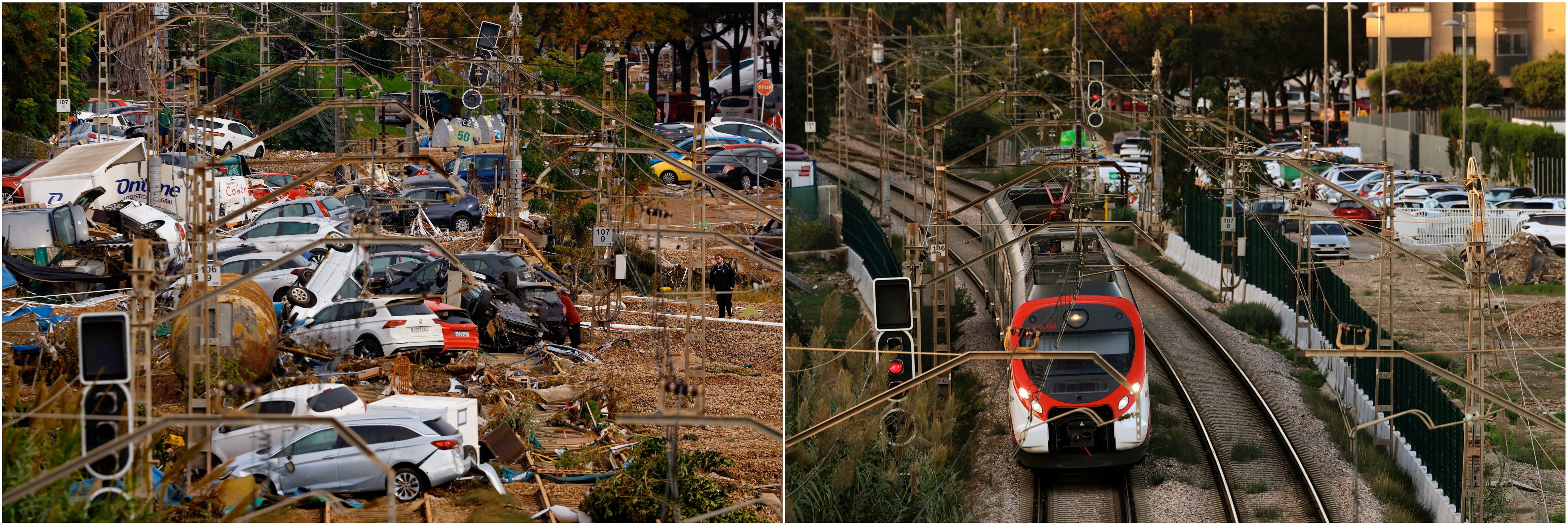 Combination images of damaged areas before and after the deadliest flash floods in Spain's modern history
