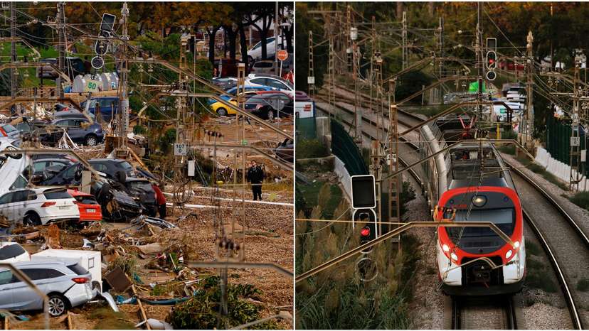 Combination images of damaged areas before and after the deadliest flash floods in Spain's modern history