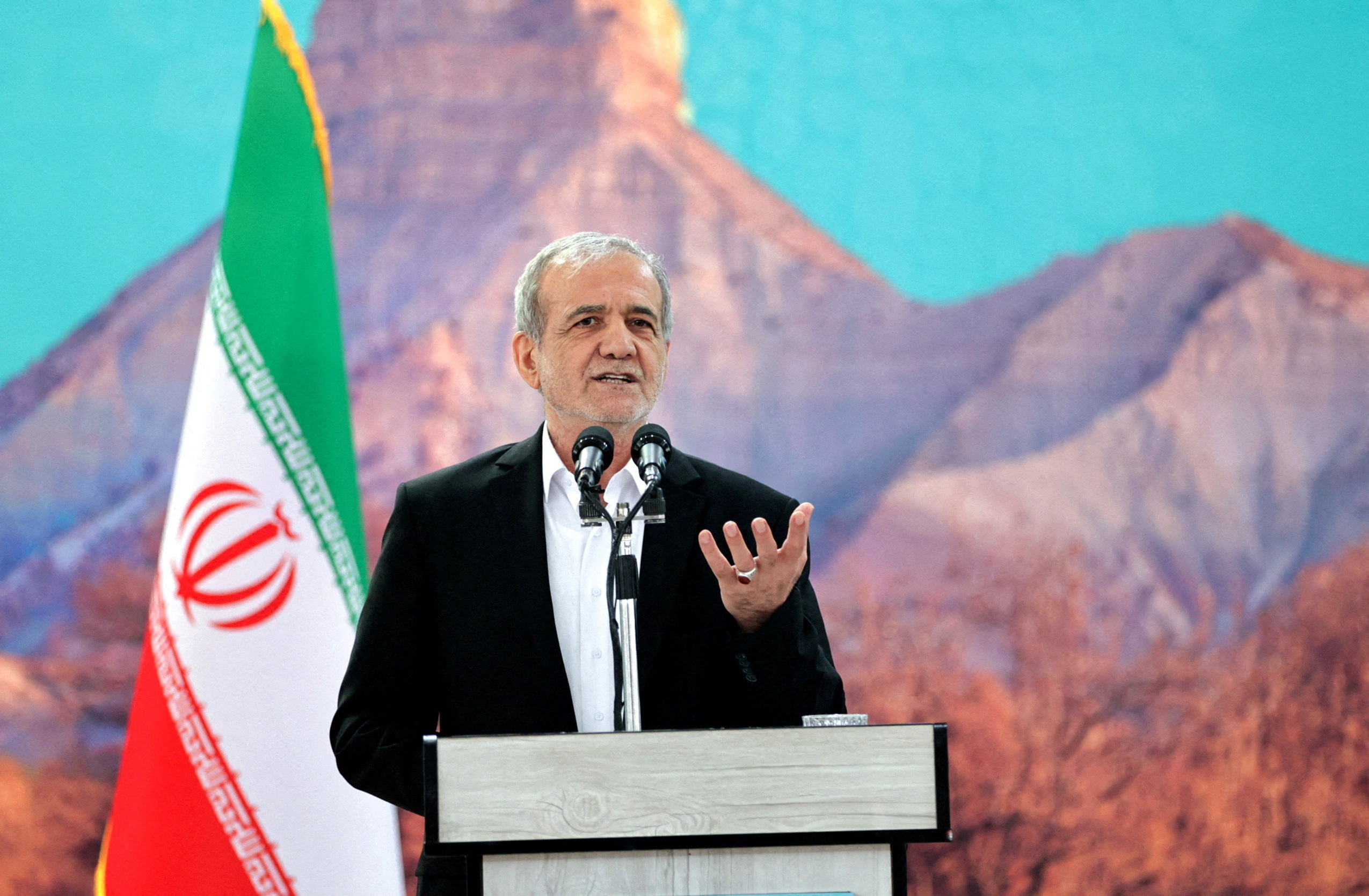 FILE PHOTO: Iranian President Masoud Pezeshkian speaks during a meeting in Ilam