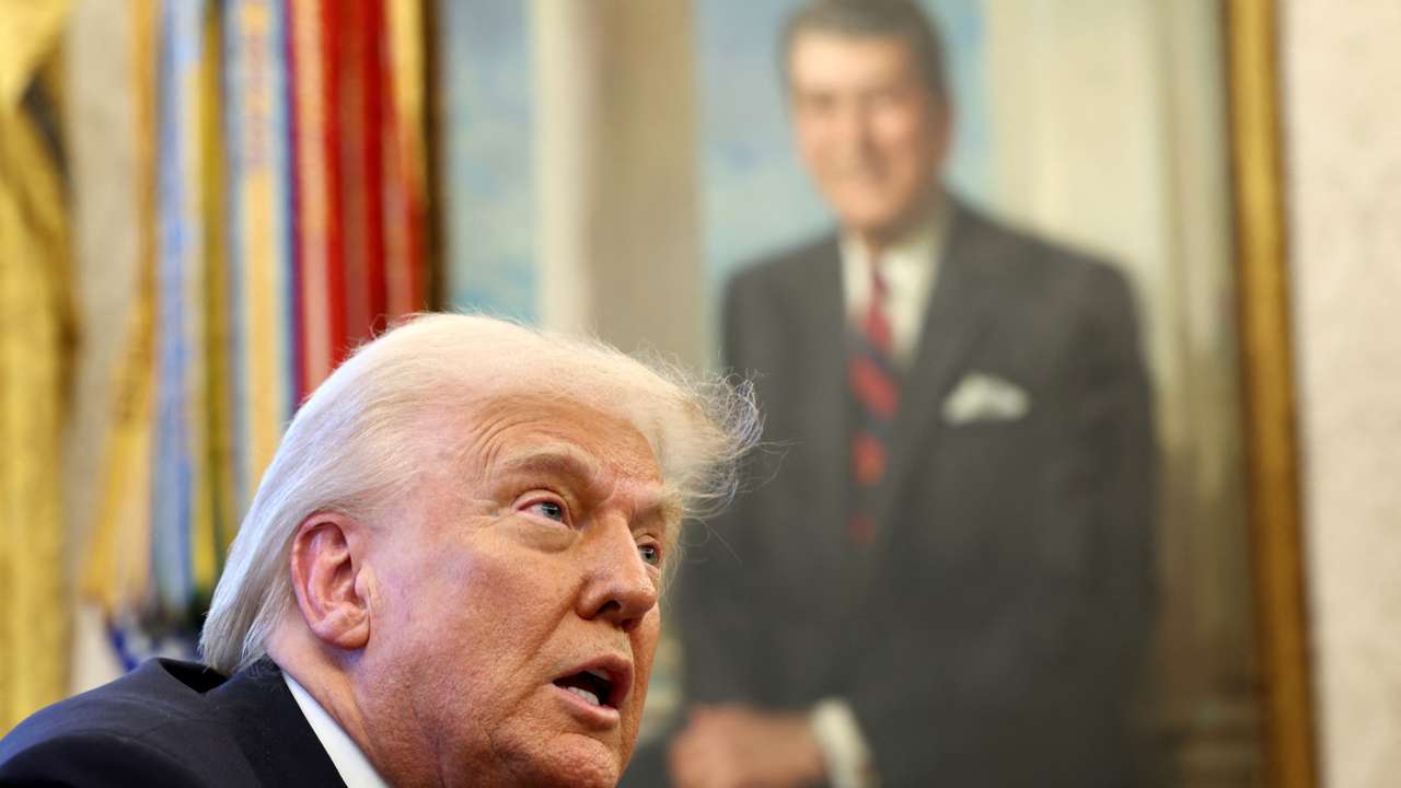 U.S. President Donald Trump speaks to the media in the Oval Office at the White House in Washington