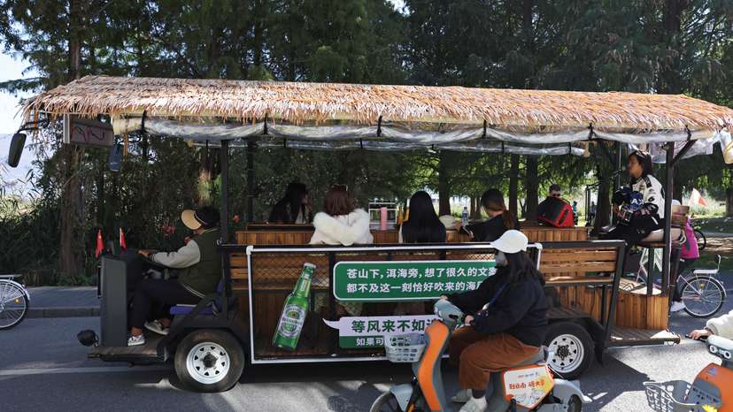 Man sings for customers touring the Erhai lake on a sightseeing bus, in Dali