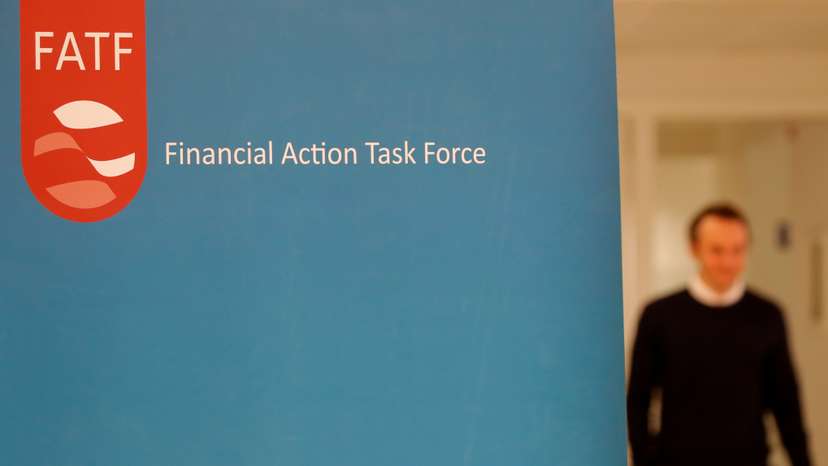 The logo of the FATF (the Financial Action Task Force) is seen during a news conference after a plenary session at the OECD Headquarters in Paris