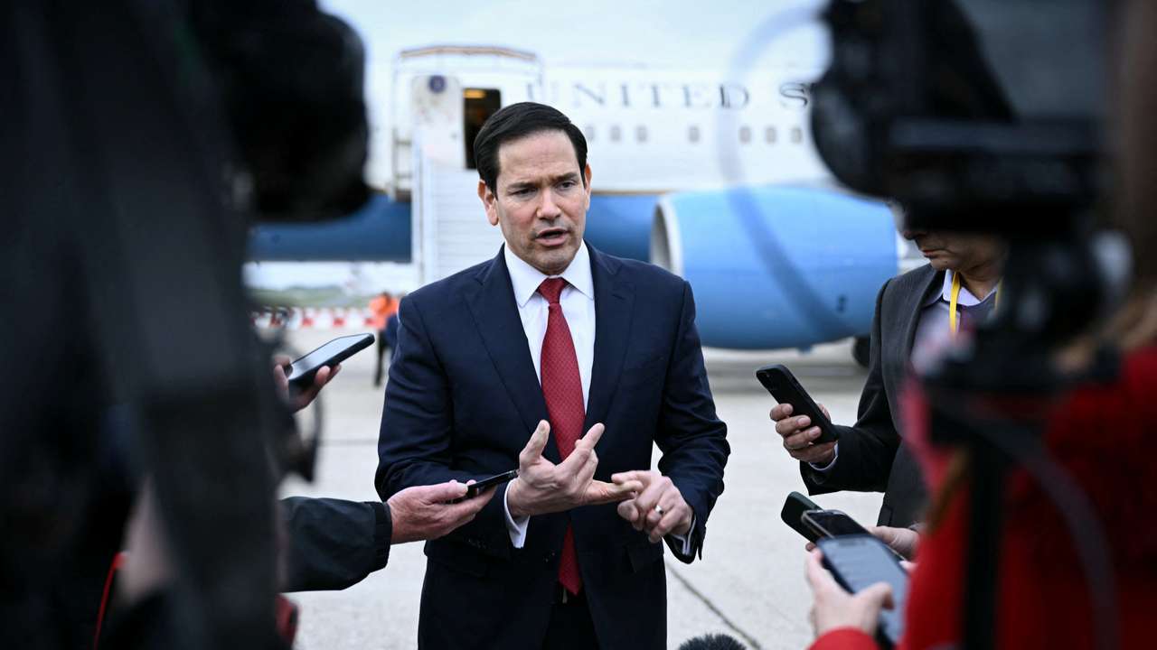 US Secretary of State Marco Rubio speaks to the press following a G7 Foreign Ministers' meeting with Partner Countries before his departure at the Bourget airport