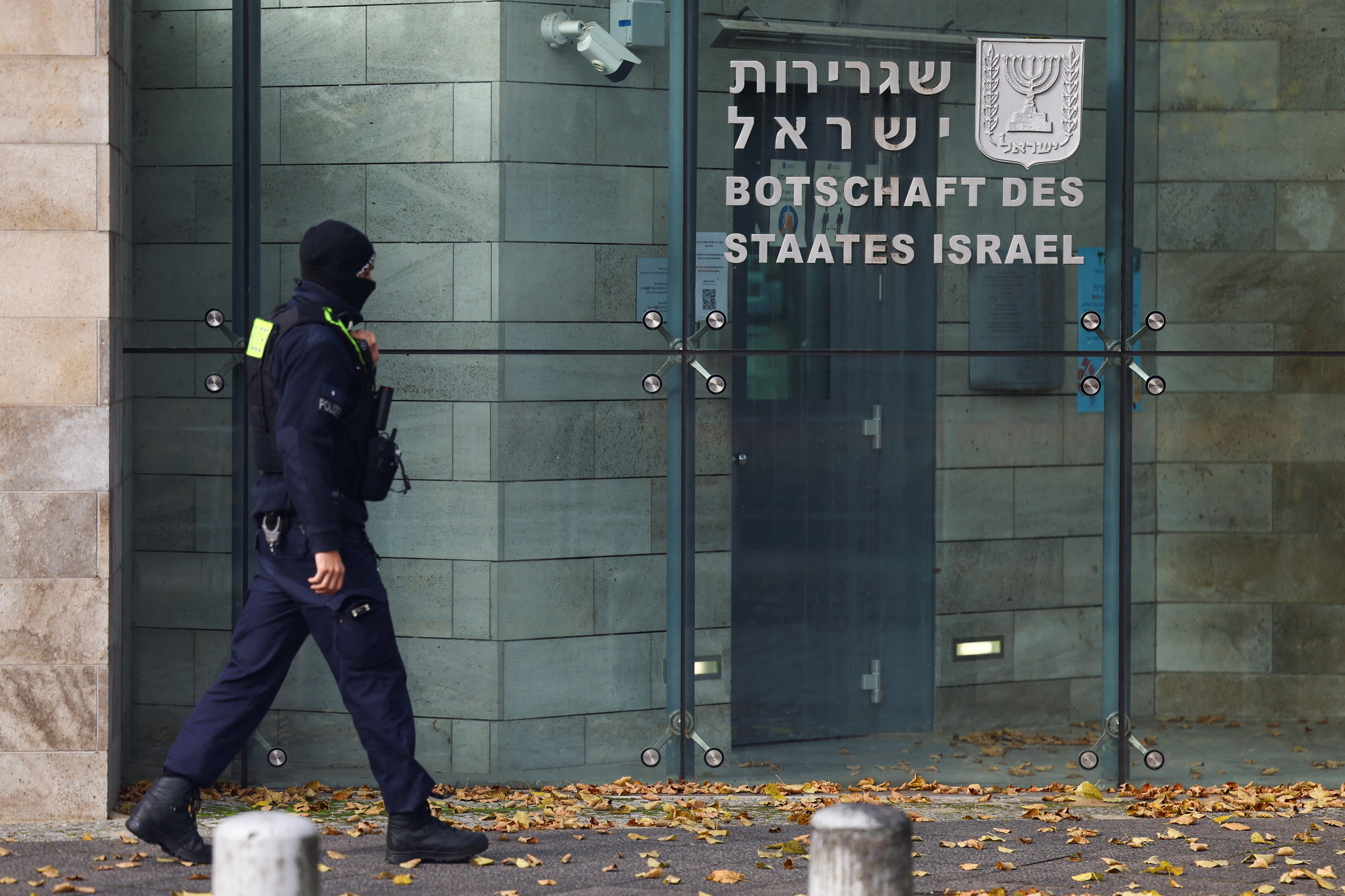 Police secure the area of the embassy of Israel in Berlin