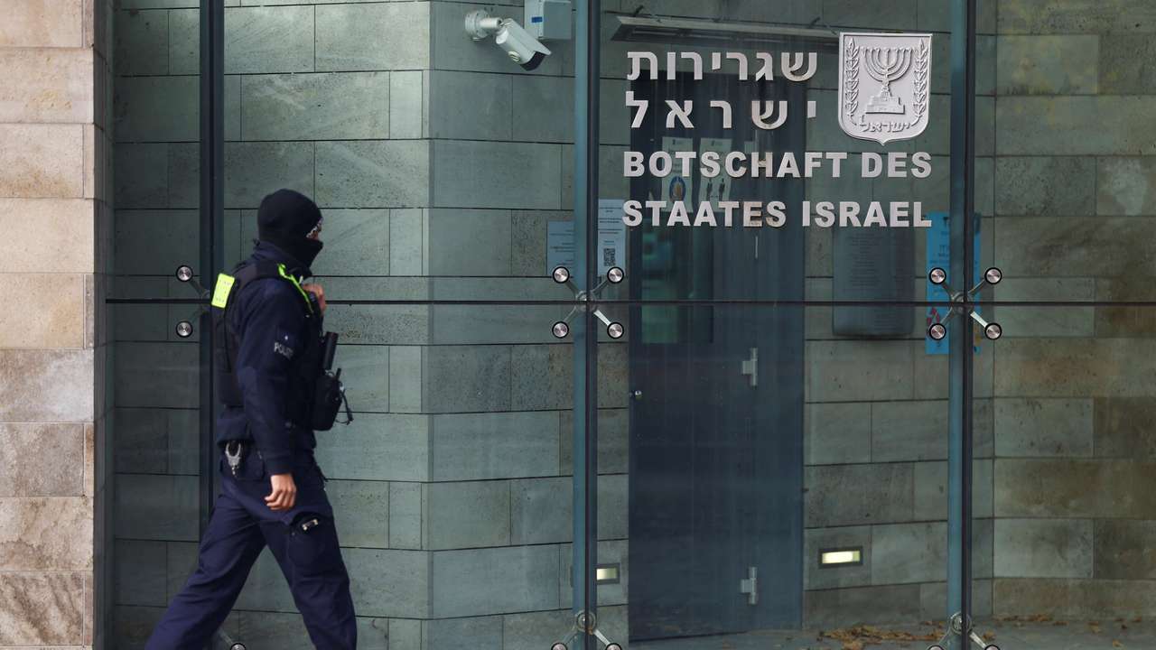 Police secure the area of the embassy of Israel in Berlin
