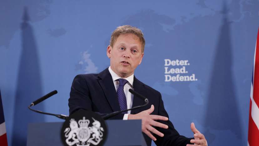 Britain's Defence Secretary Grant Shapps gives a speech at Lancaster House in London