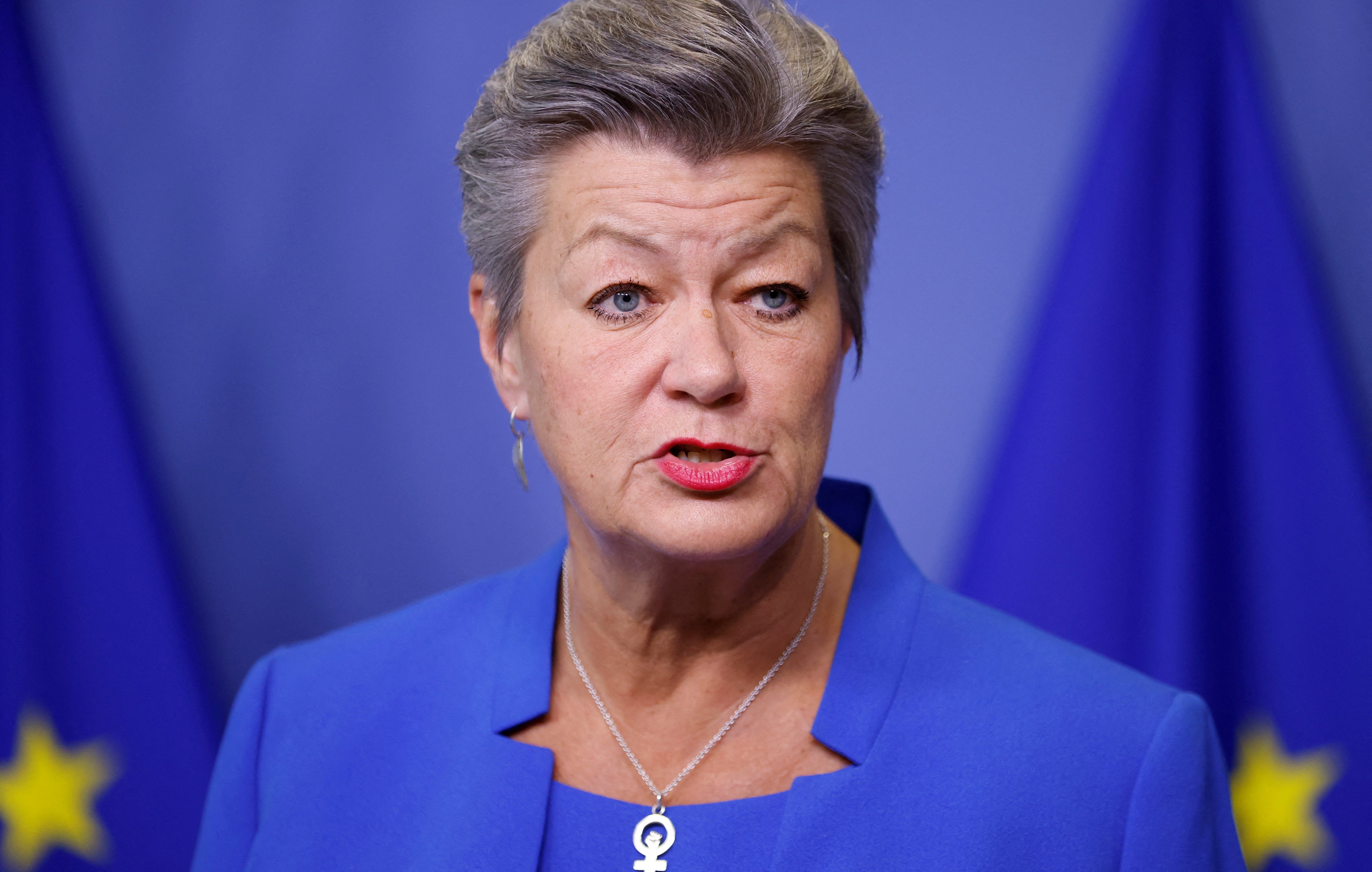 FILE PHOTO: EU Commissioner Johansson gives a press conference in Brussels