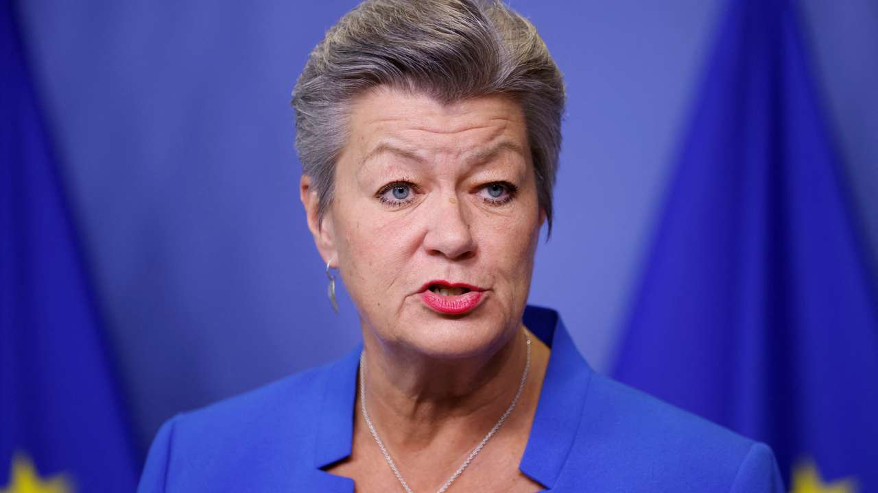 FILE PHOTO: EU Commissioner Johansson gives a press conference in Brussels