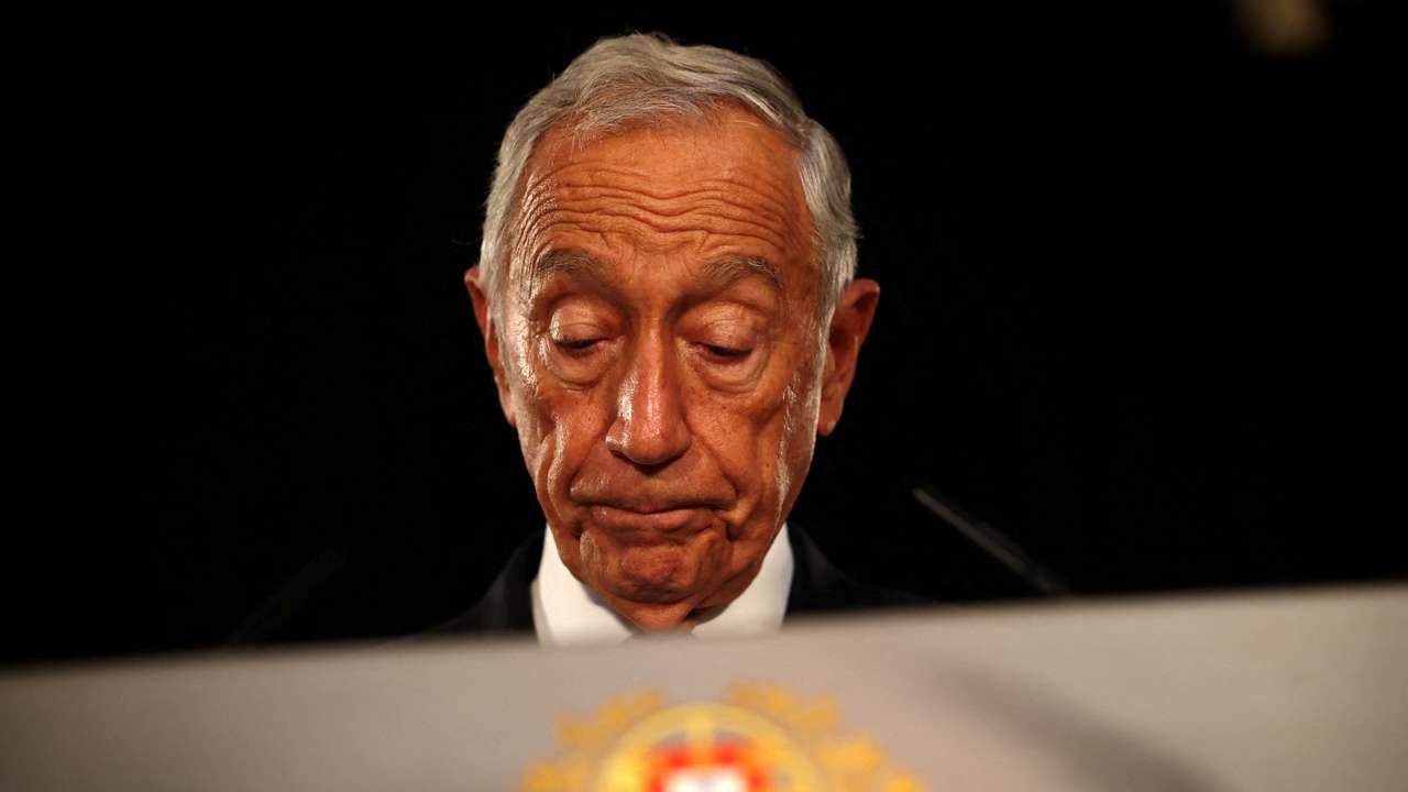 FILE PHOTO: Portugal's President de Sousa addresses the nation from Belem Palace to announce his decision to dissolve parliament, in Lisbon