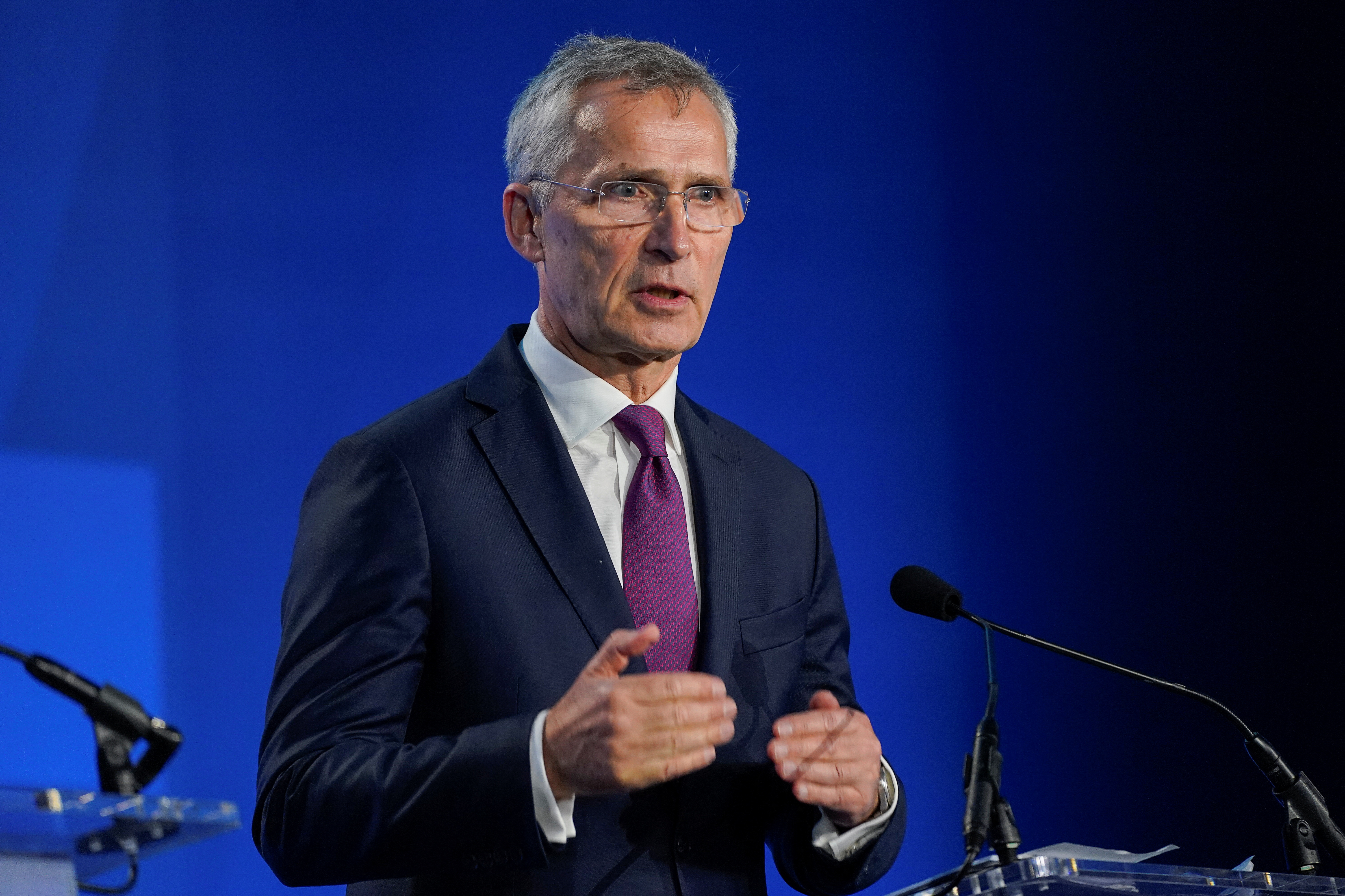 Ukraine's President Zelenskiy and NATO Secretary General Stoltenberg attend press conference, during NATO's 75th anniversary summit, in Washington