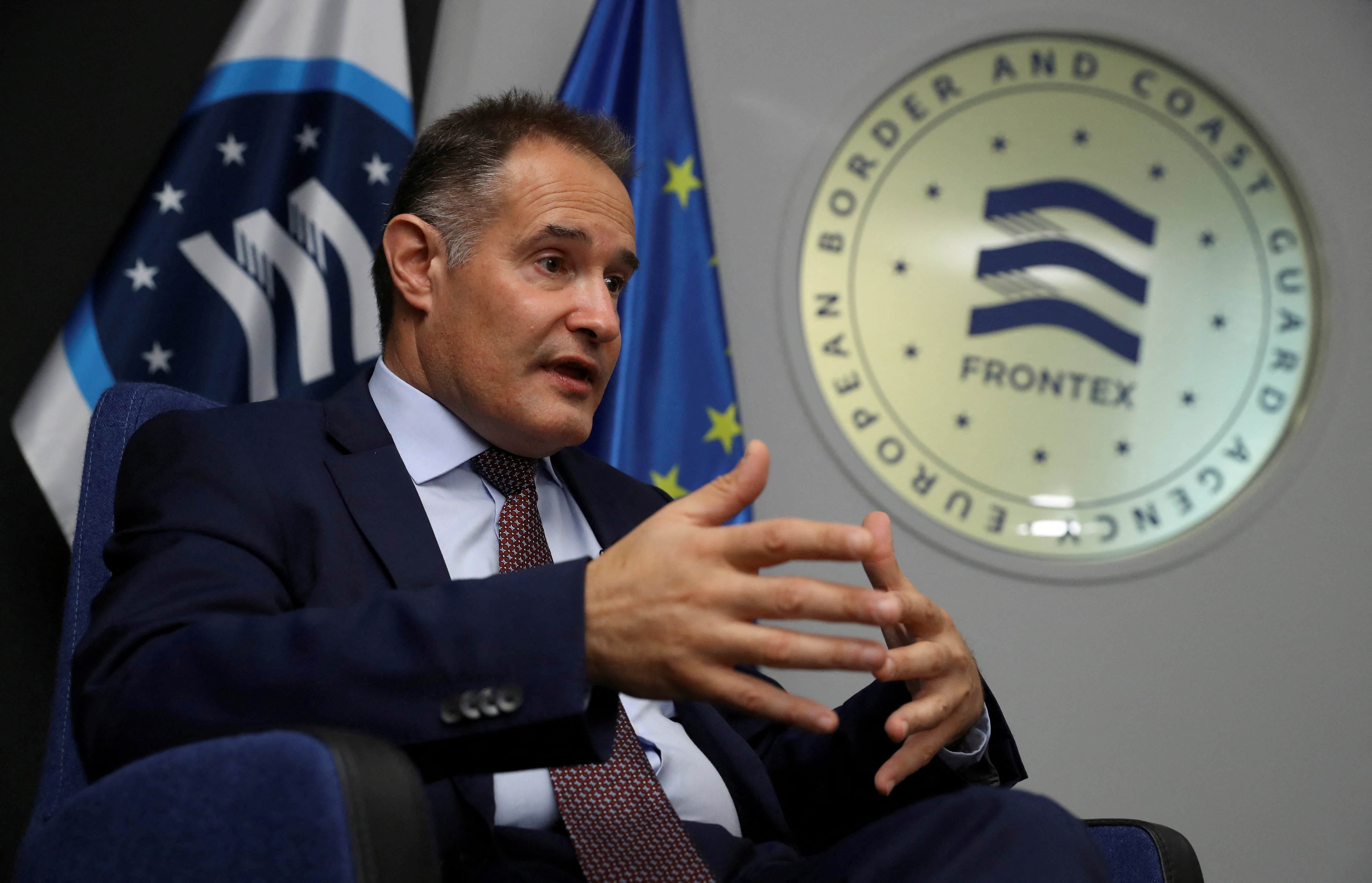 FILE PHOTO: Fabrice Leggeri speaks during an interview with Reuters in Warsaw