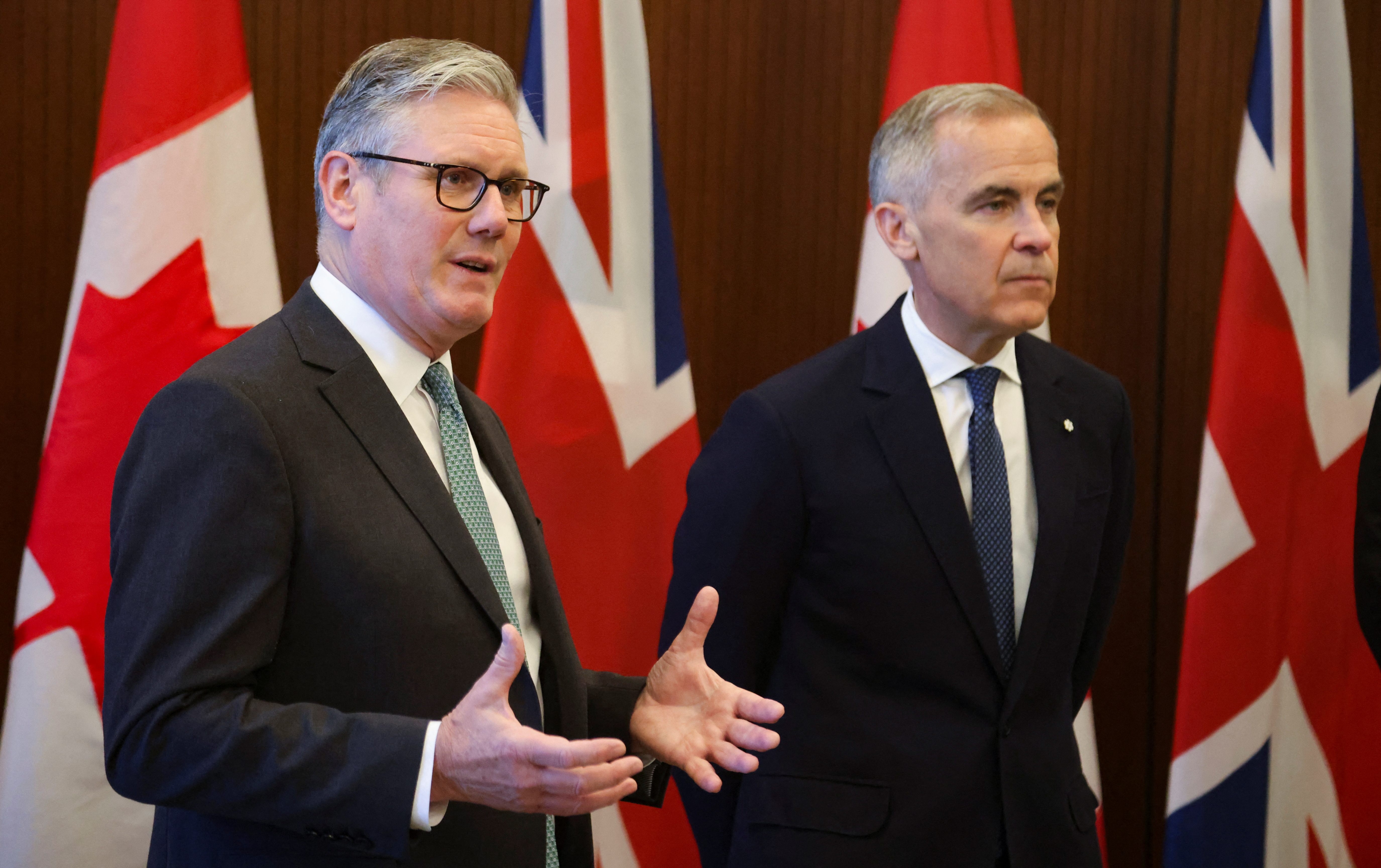 Canada's Prime Minister Mark Carney and Britain's Prime Minister Kier Starmer meet on Parliament Hill in Ottawa