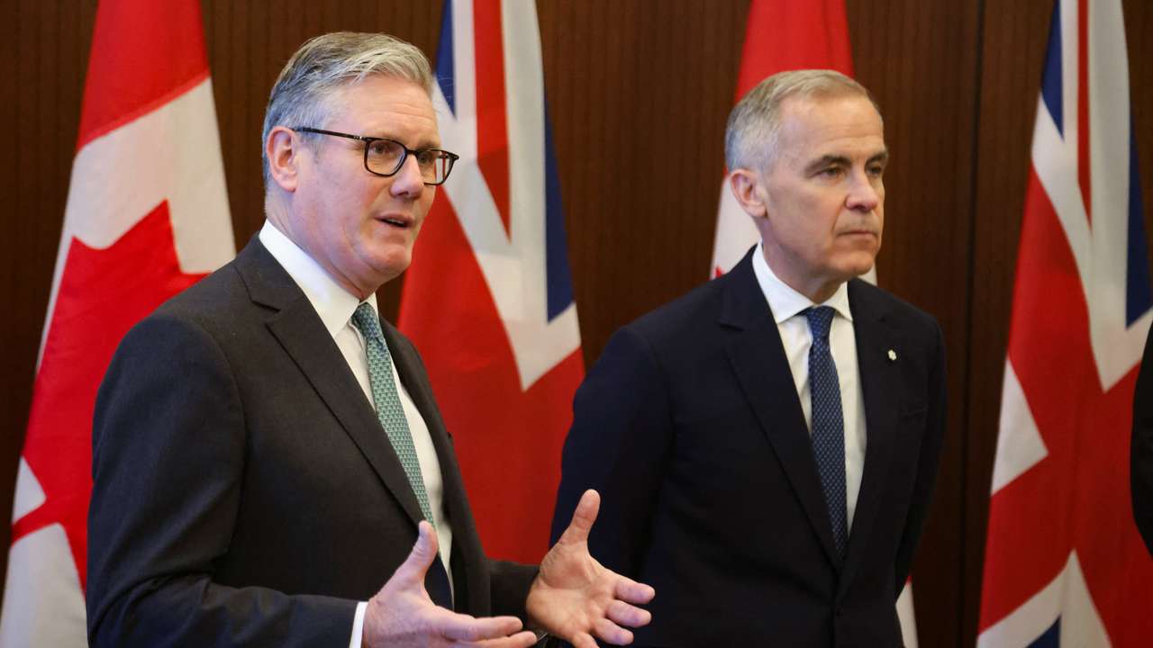 Canada's Prime Minister Mark Carney and Britain's Prime Minister Kier Starmer meet on Parliament Hill in Ottawa