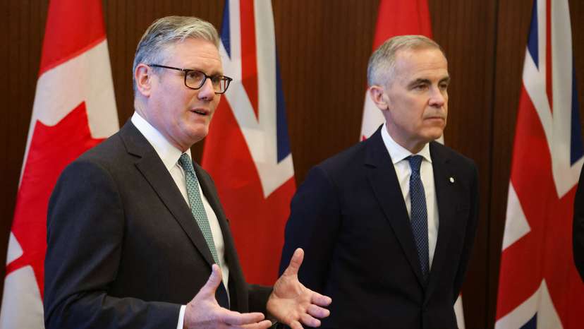 Canada's Prime Minister Mark Carney and Britain's Prime Minister Kier Starmer meet on Parliament Hill in Ottawa