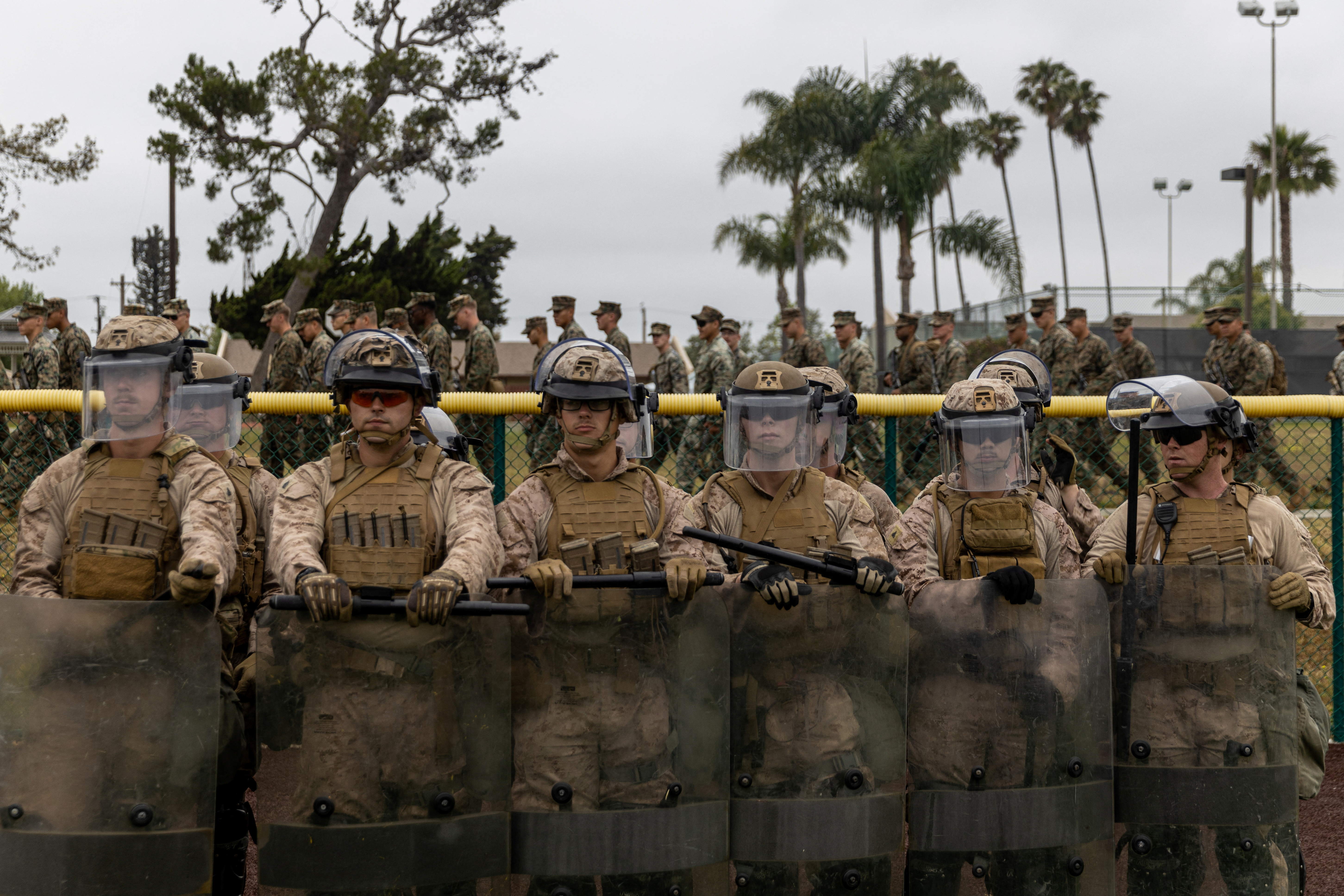 U.S. Marines rehearse crowd control tactics before Los Angeles deployment