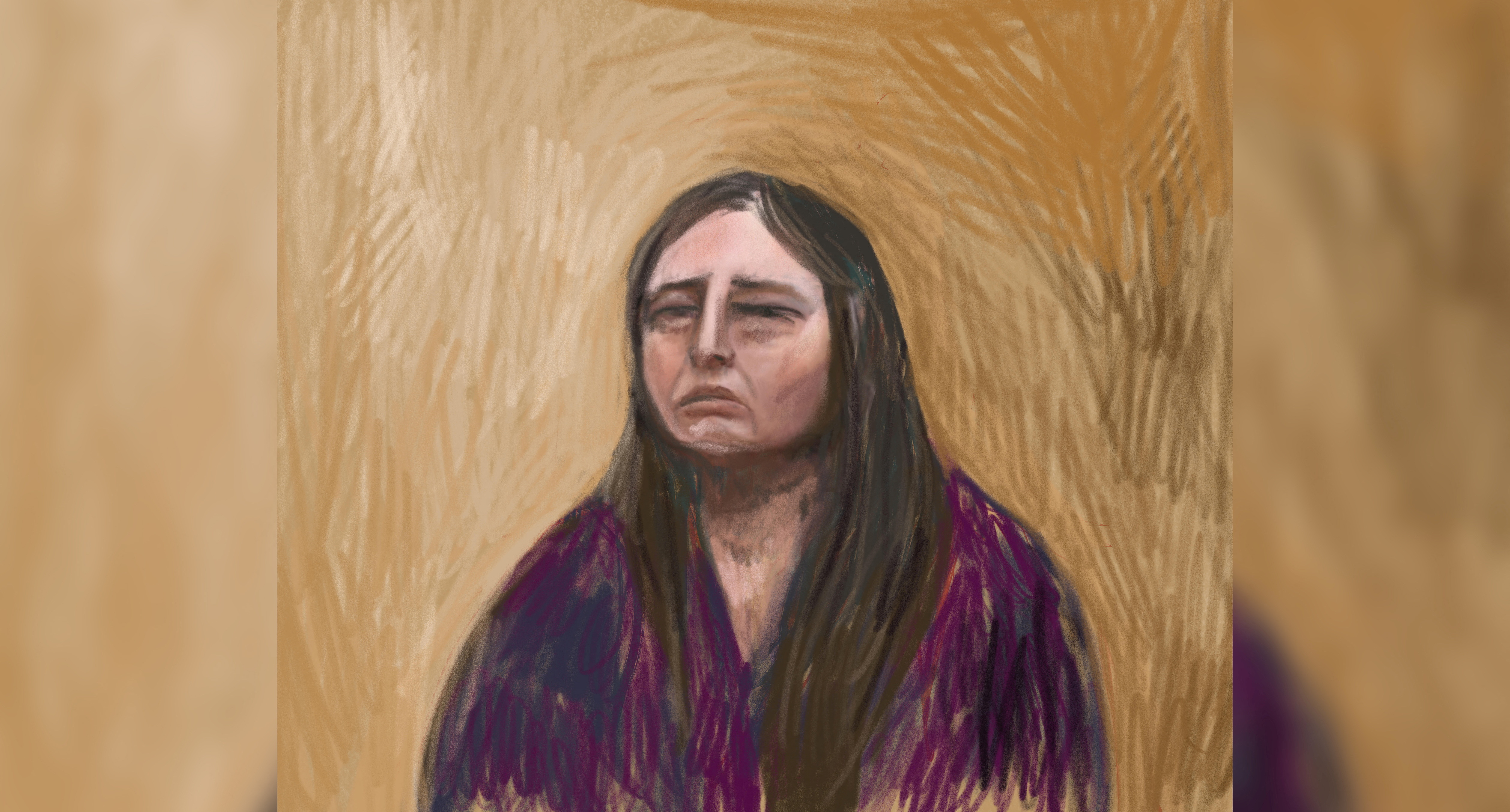A court sketch drawn from a video link shows Erin Patterson appearing as a witness for her own defense, in Morwell