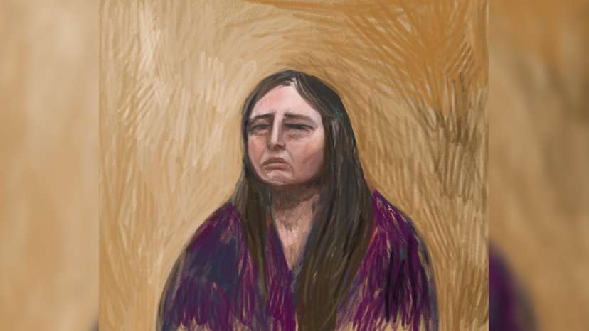 A court sketch drawn from a video link shows Erin Patterson appearing as a witness for her own defense, in Morwell