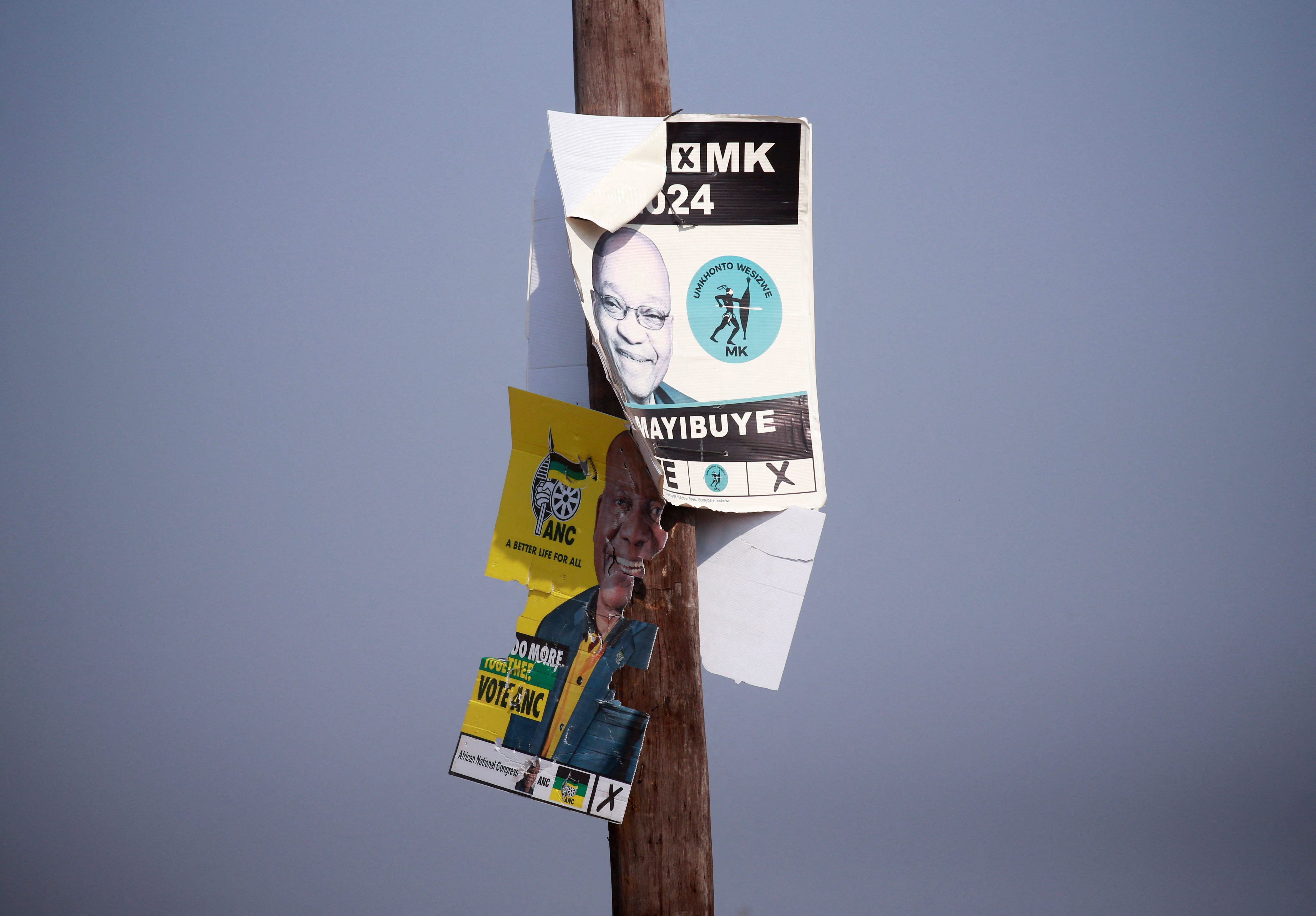 Posters of the African National Congress (ANC) and uMkhonto weSizwe (MK) are seen near the house of South Africa's former President Jacob Zuma, in Nkandla