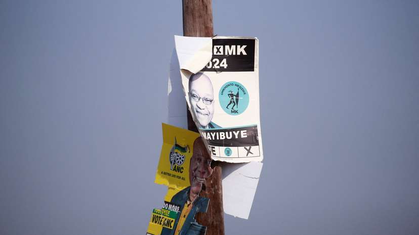 Posters of the African National Congress (ANC) and uMkhonto weSizwe (MK) are seen near the house of South Africa's former President Jacob Zuma, in Nkandla