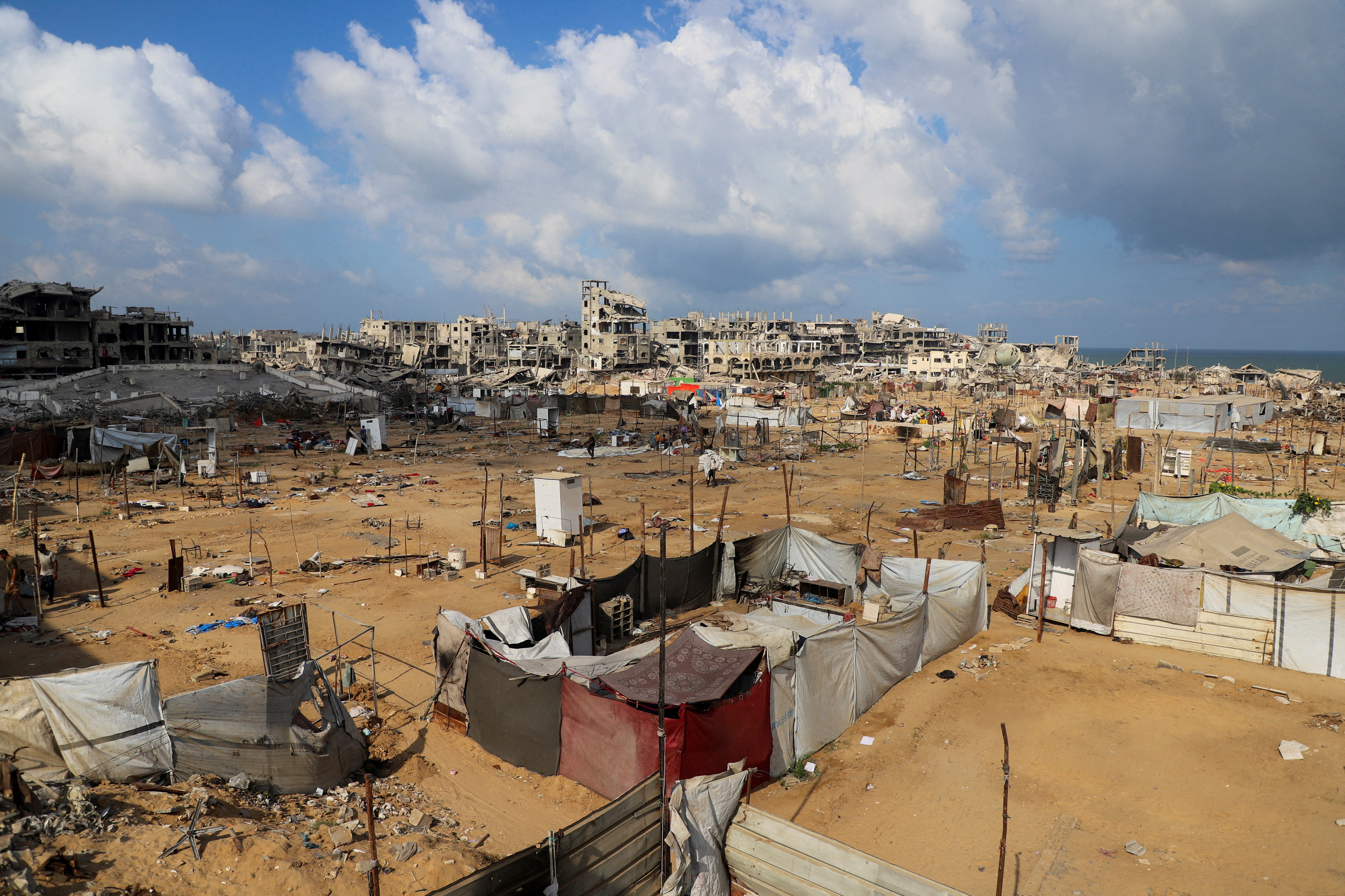 Tent camp abandoned by displaced Palestinians, who dismantled their tents to flee Gaza City