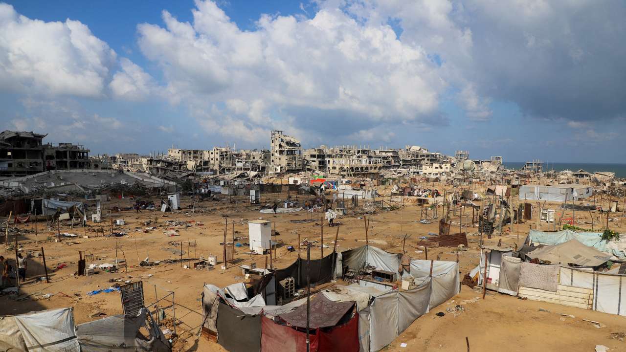 Tent camp abandoned by displaced Palestinians, who dismantled their tents to flee Gaza City