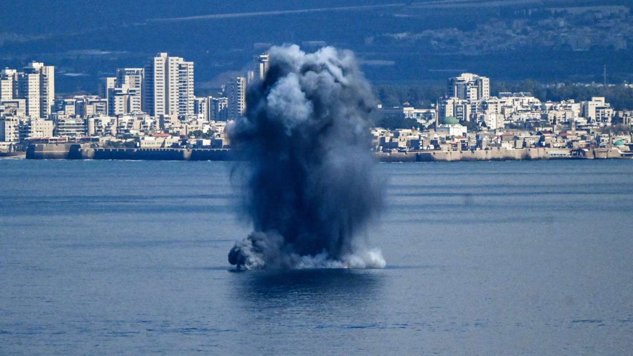 Explosion in the sea after missiles were launched towards Israel from Iran, as seen from Haifa