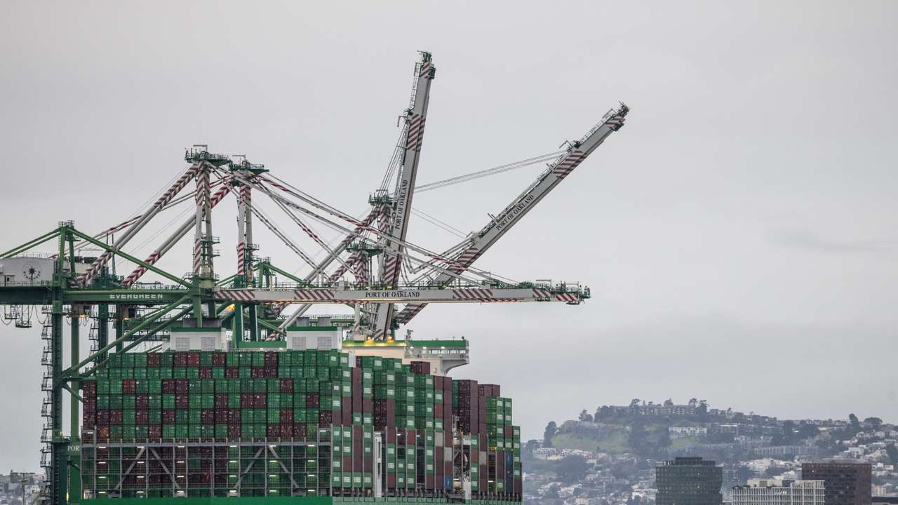 Shipping containers at the port of Oakland , California