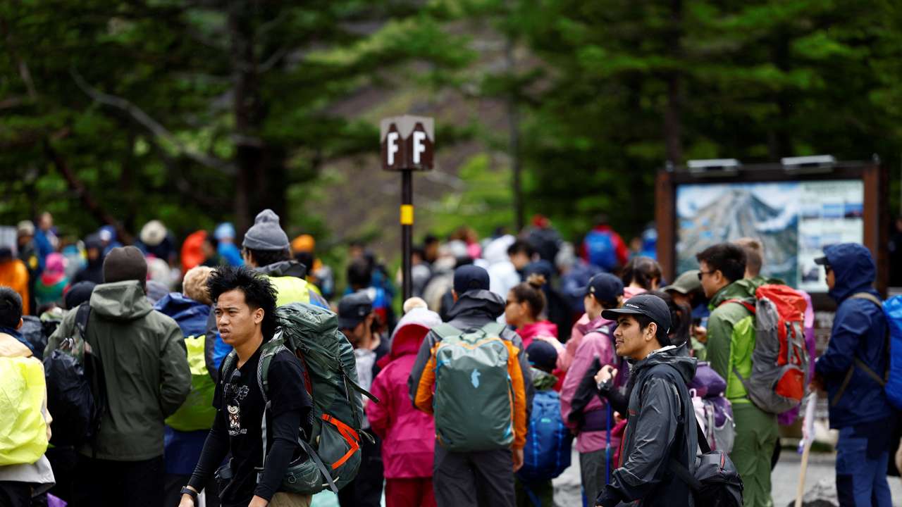 Mount Fuji climbing season starts with new entrance fee as a part of series of trial restrictions to curb overtourism in Fujiyoshida, Japan