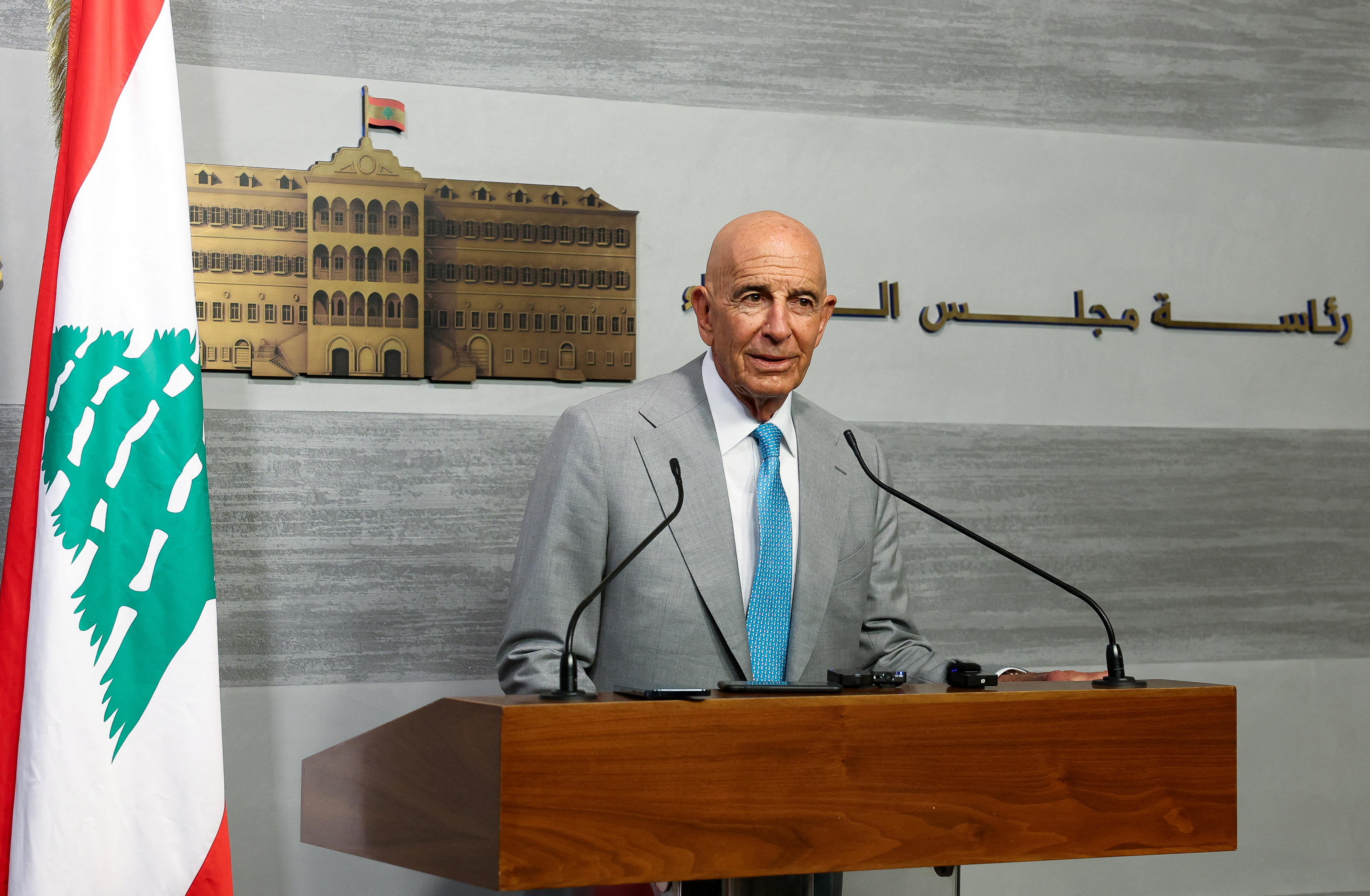 U.S. Ambassador to Turkey and U.S. special envoy for Syria Thomas Barrack speaks after meeting with Lebanese PM Salam, in Beirut