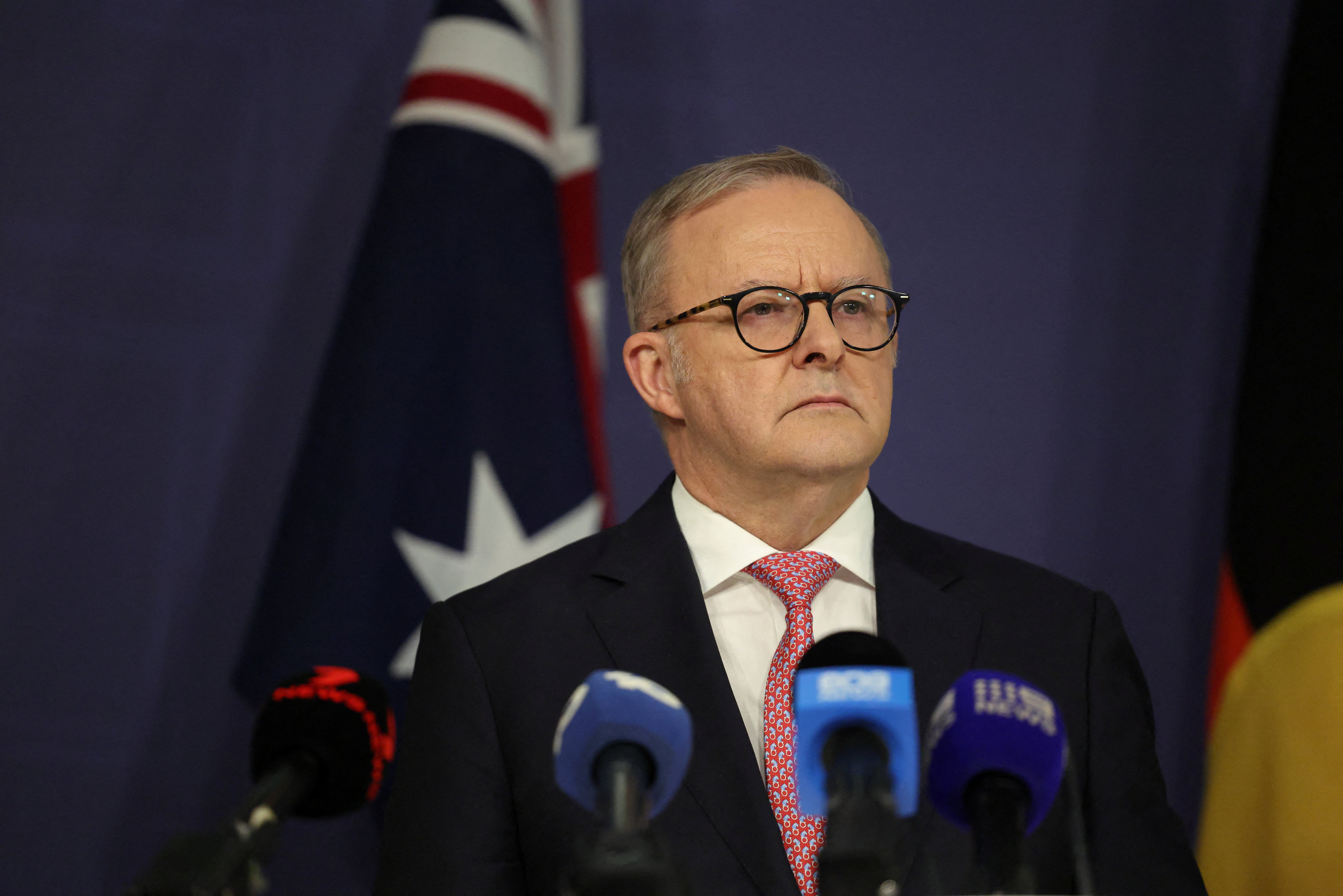 Australian Prime Minister Anthony Albanese reacts during a press conference in Sydney