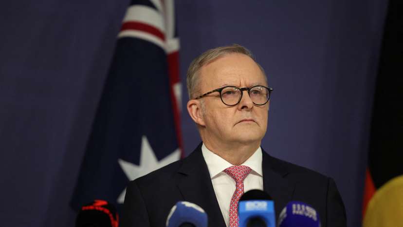 Australian Prime Minister Anthony Albanese reacts during a press conference in Sydney