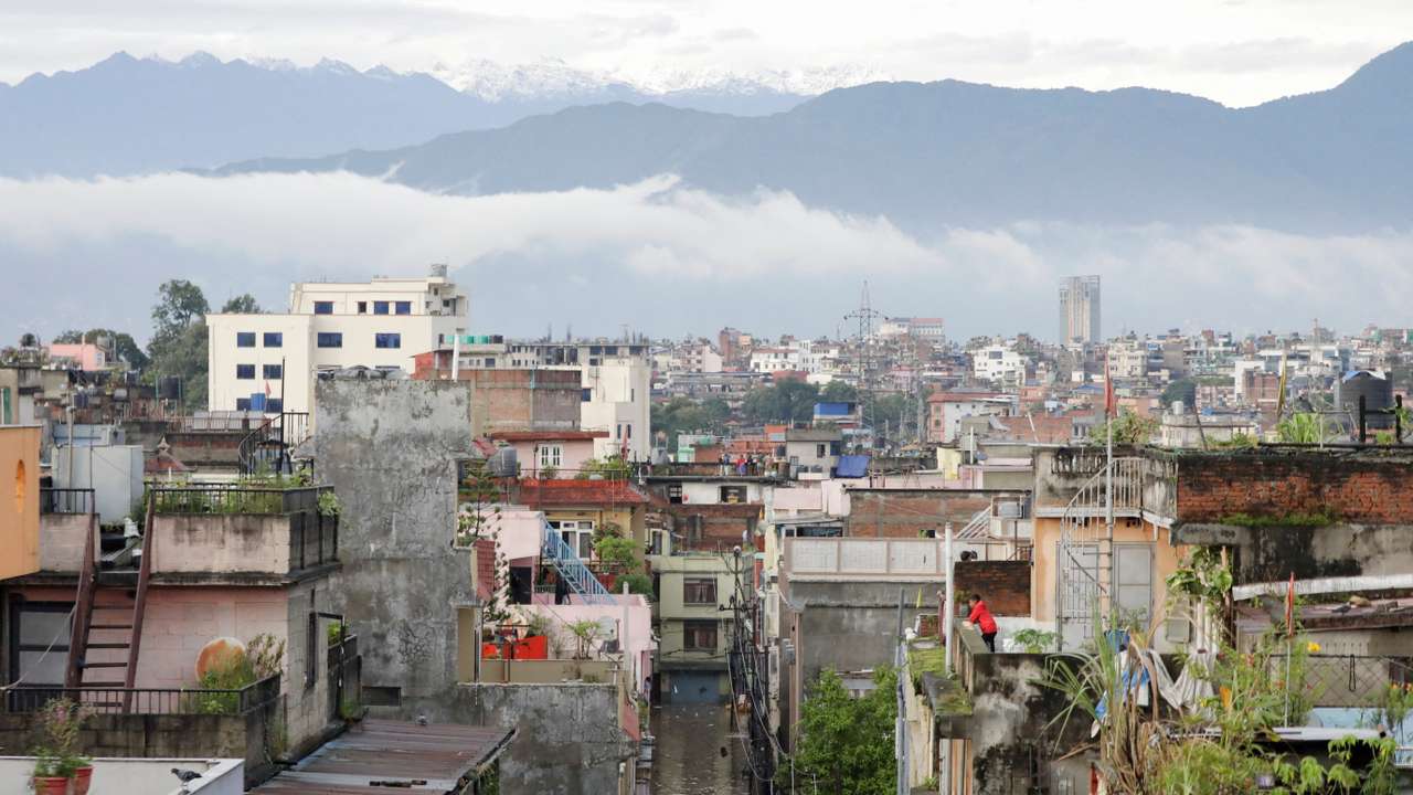 Flood along the bank of overflowing Bagmati River following heavy rains in Kathmandu