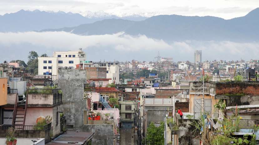 Flood along the bank of overflowing Bagmati River following heavy rains in Kathmandu