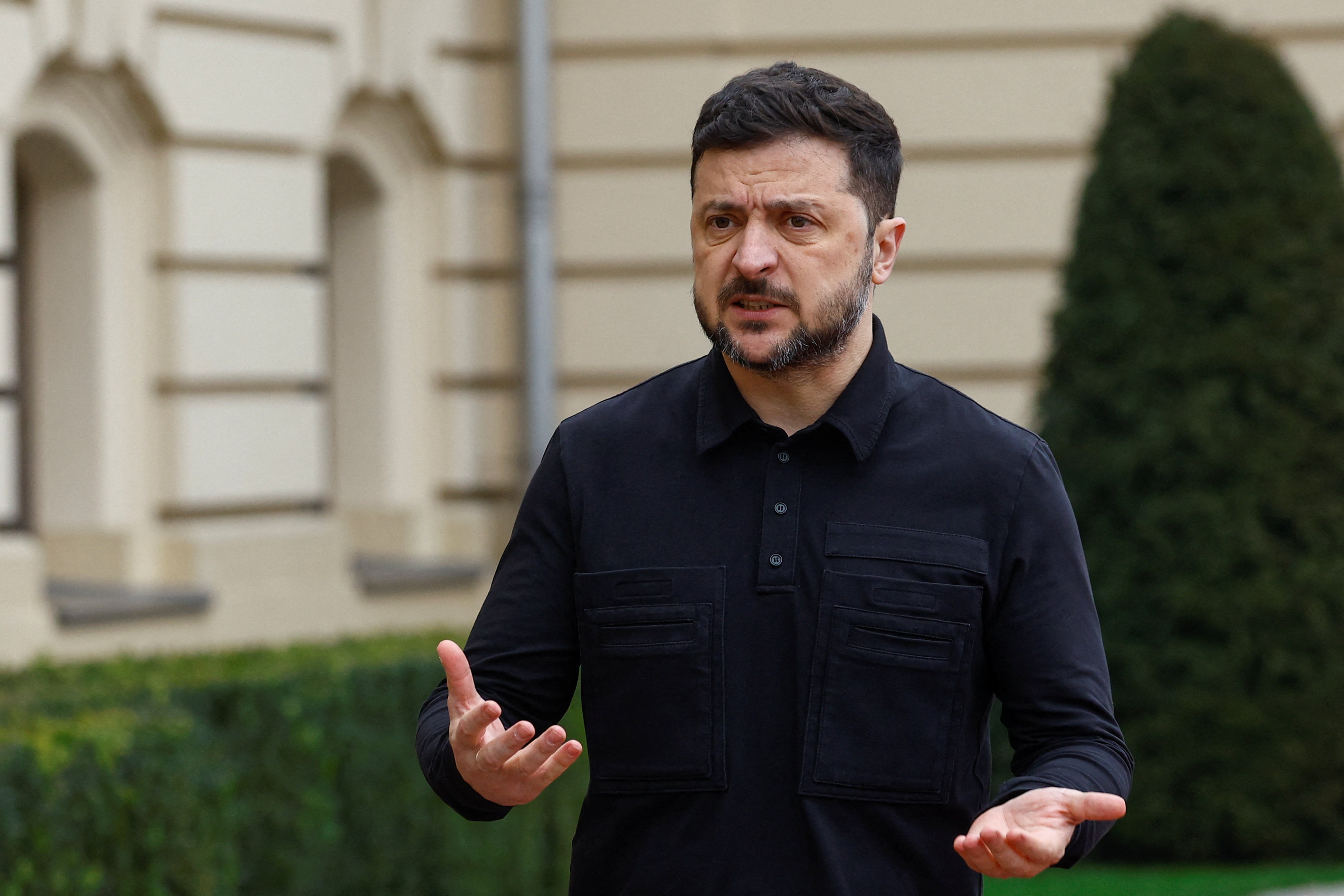 Ukraine's President Zelenskiy speaks to the media before welcoming Cyprus' President Christodoulides in Kyiv