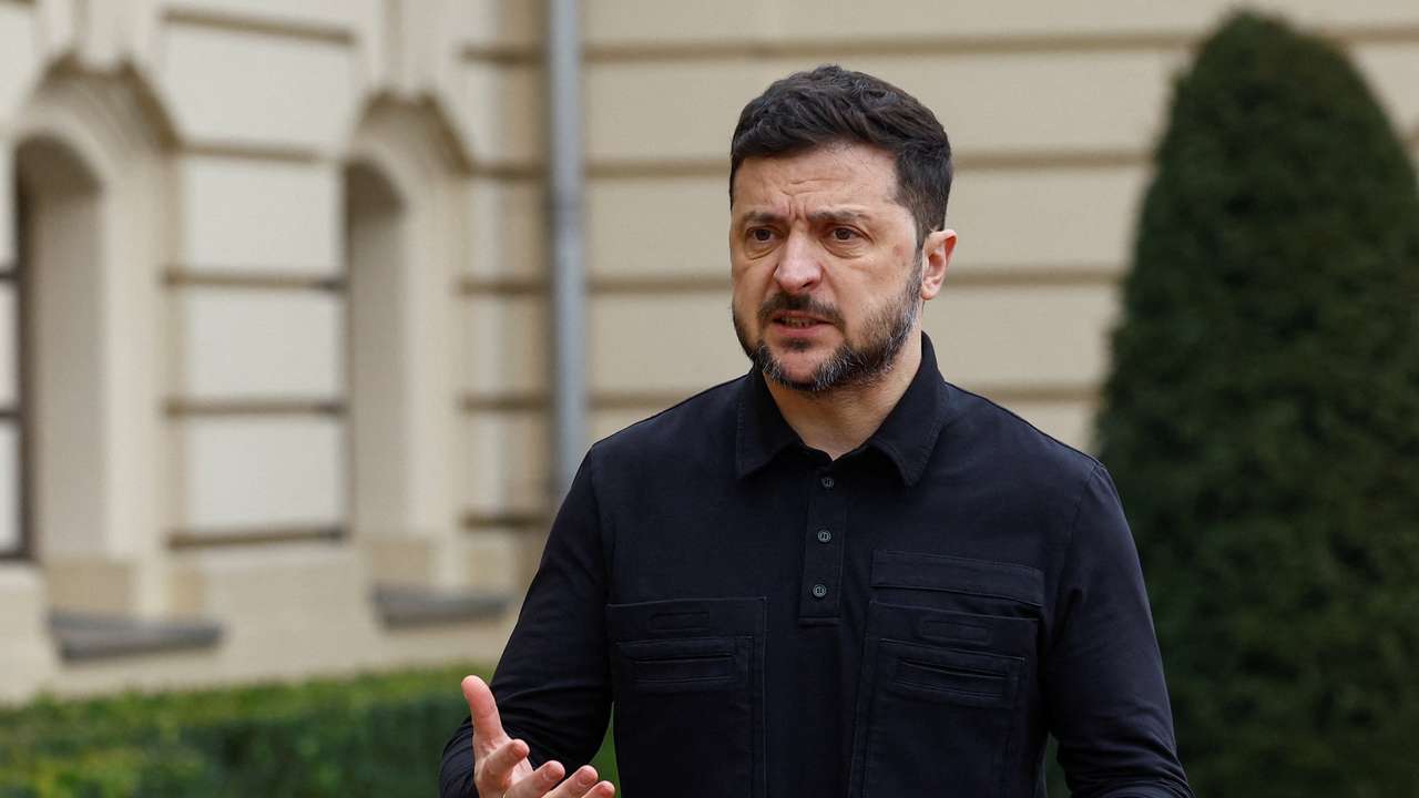 Ukraine's President Zelenskiy speaks to the media before welcoming Cyprus' President Christodoulides in Kyiv
