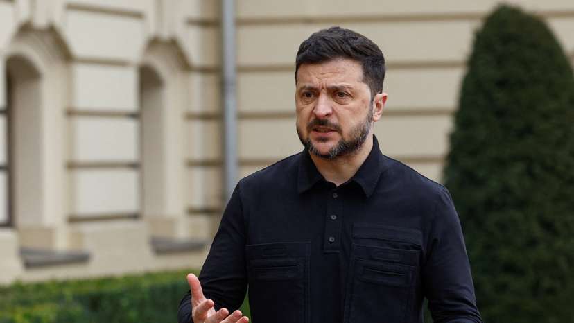 Ukraine's President Zelenskiy speaks to the media before welcoming Cyprus' President Christodoulides in Kyiv