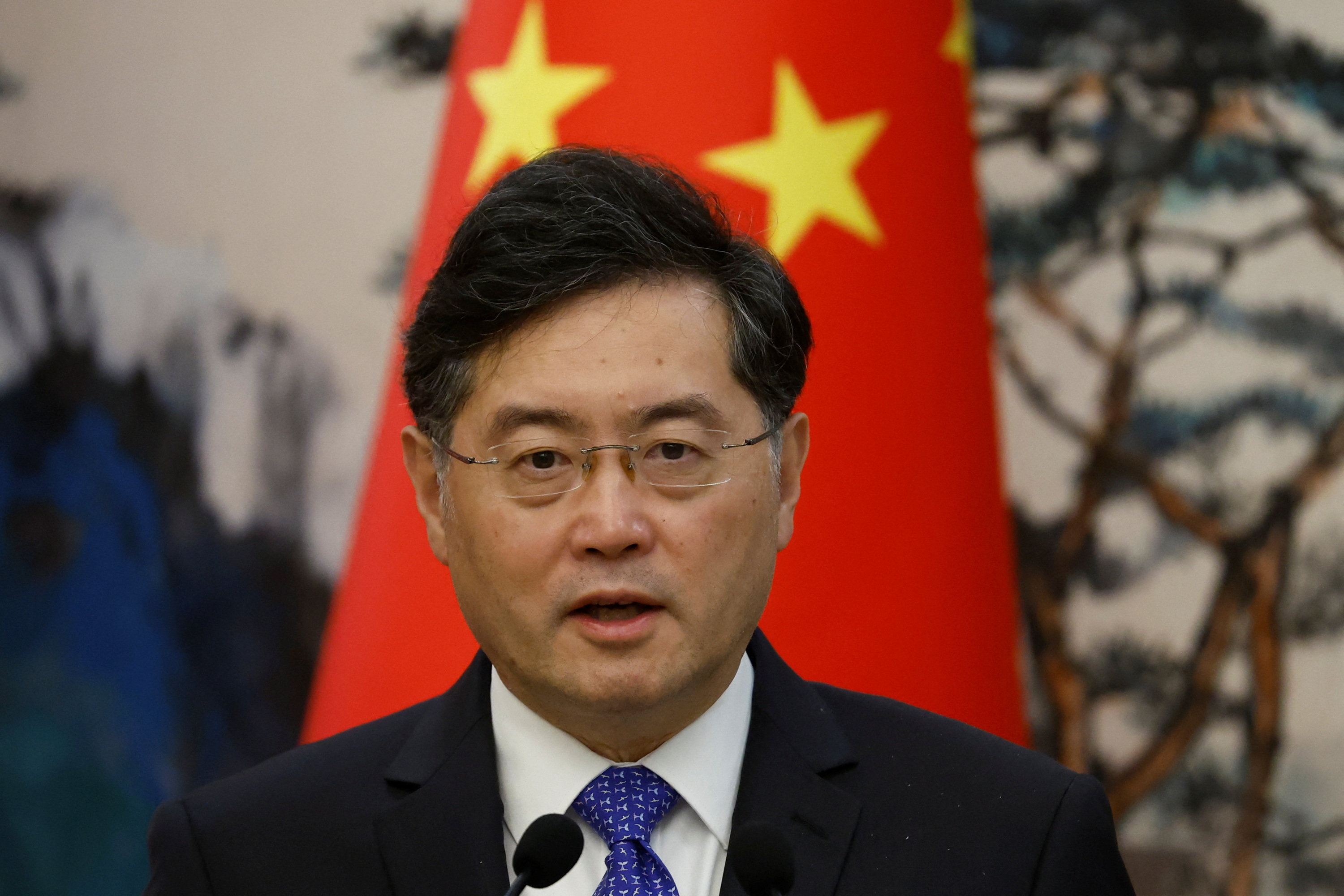 Chinese Foreign Minister Qin Gang attends a press conference after talks with his Dutch counterpart Wopke Hoekstra in Beijing