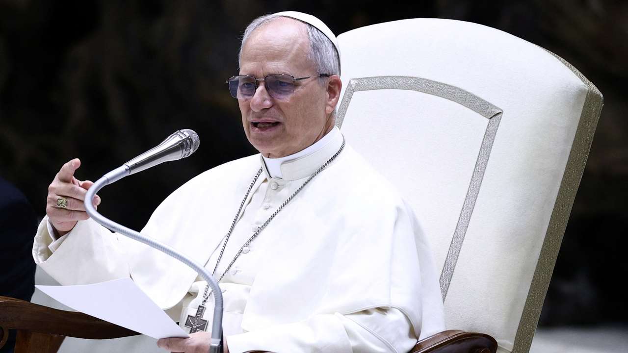 Pope Leo XIV holds an audience with representatives of the media in Paul VI hall at the Vatican