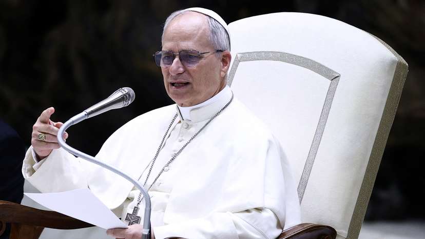 Pope Leo XIV holds an audience with representatives of the media in Paul VI hall at the Vatican