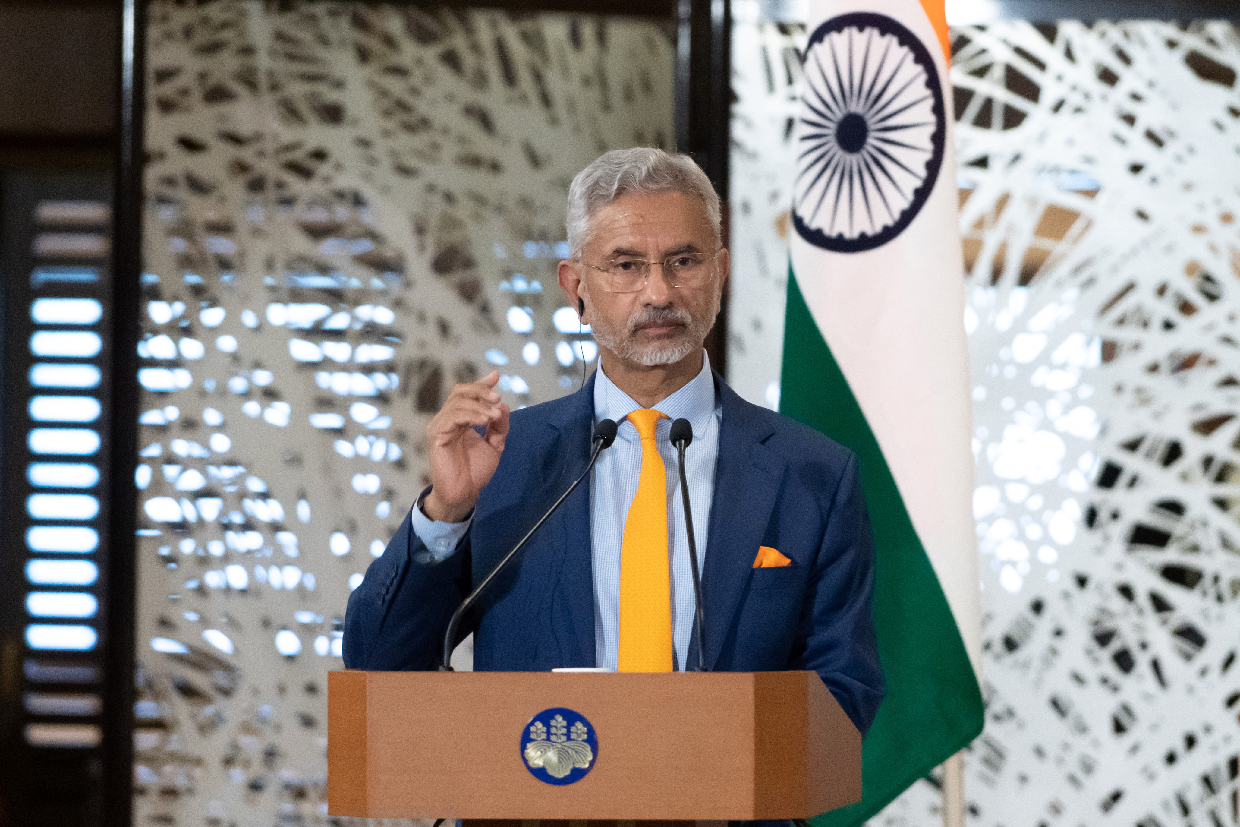 FILE PHOTO: India's External Affairs Minister Subrahmanyam Jaishankar speaks during a joint press conference with Japan's Foreign Minister Yoko Kamikawa, U.S. Secretary of State Antony Blinken and Australia's Foreign Minister Penny Wong at Iikura Guest Hou