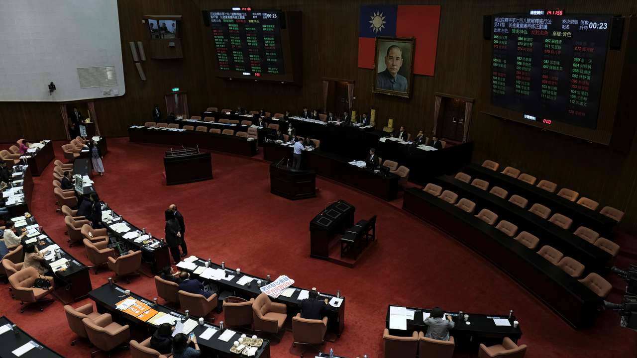 Legislators vote on three draft bills of a same-sex marriage law, inside the Legislative Yuan in Taipei