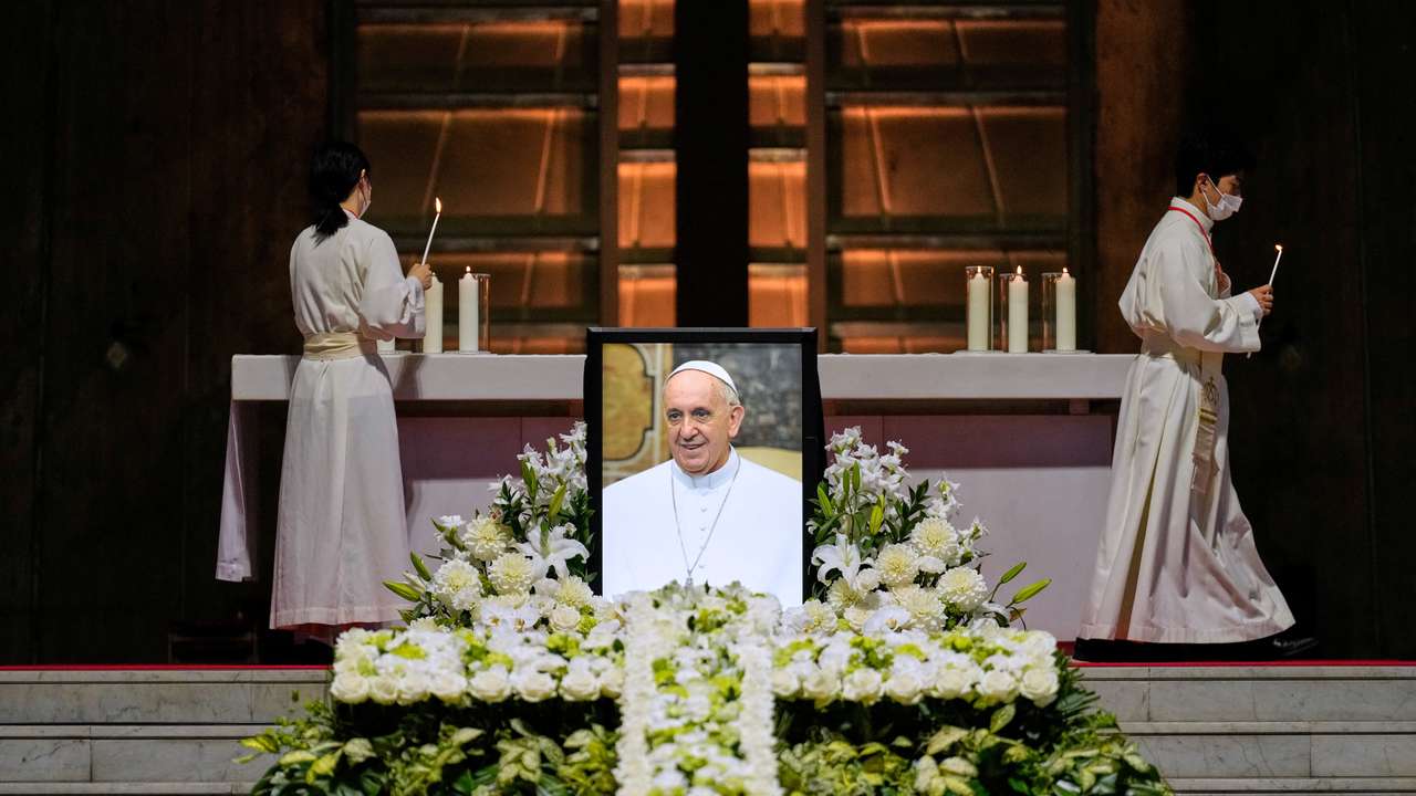 A portrait of the late Pope Francis is seen on the day of a memorial Mass at St. Mary's Cathedral in Tokyo