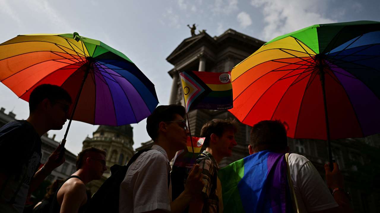 People attend the annual Pride march in Budapest