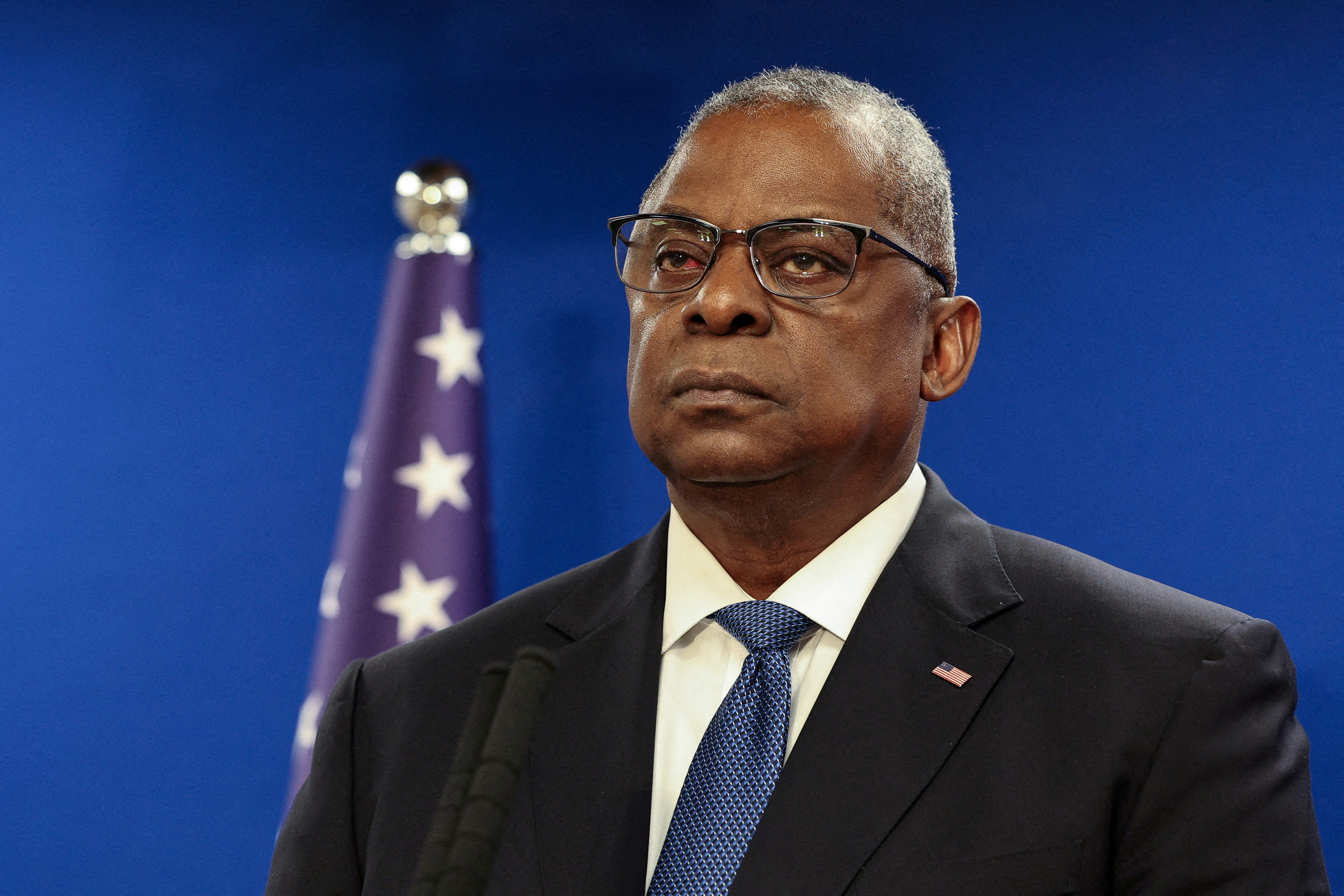 FILE PHOTO: U.S. Secretary of Defense Austin and Israeli Defense Minister Gallant hold a joint press conference at Israel's Ministry of Defense, in Tel Aviv