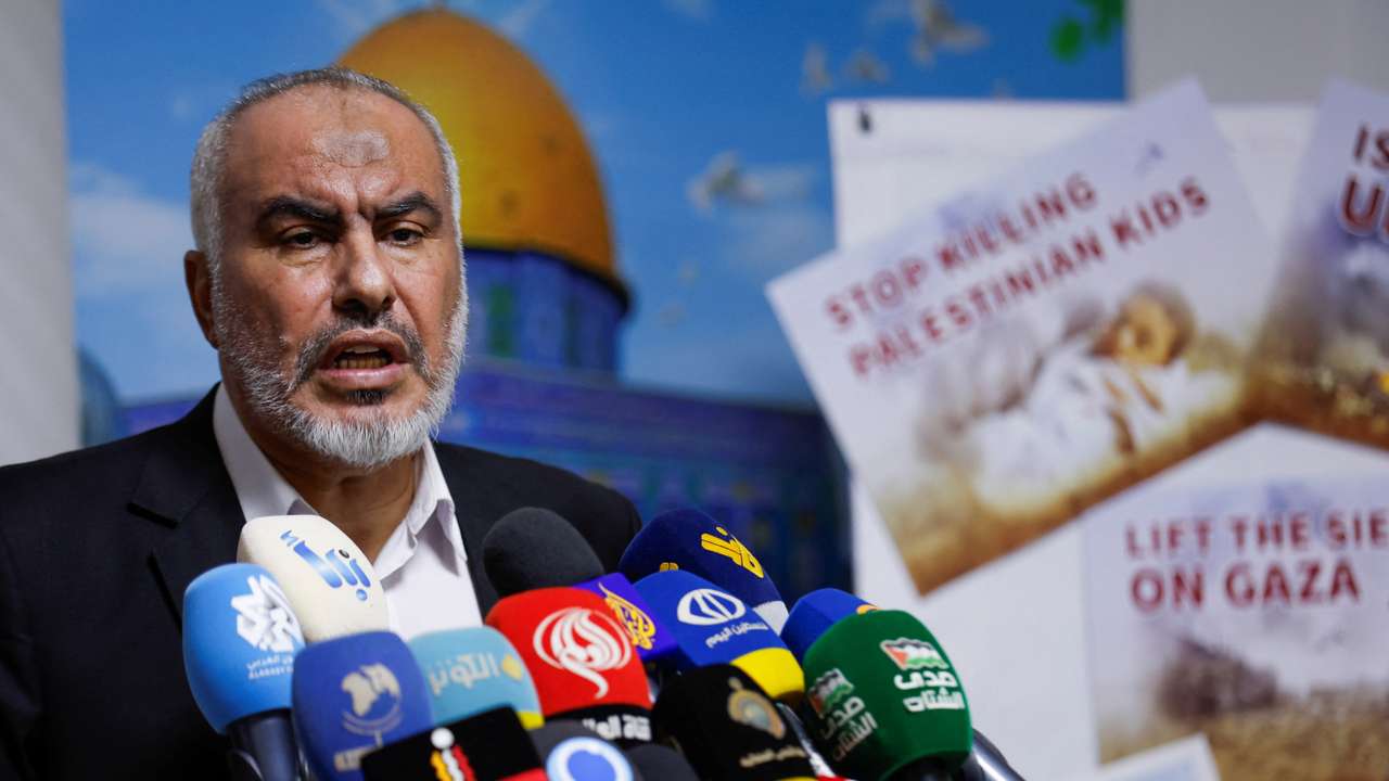 Ghazi Hamad, member of Hamas Political Office, delivers remarks on the ongoing conflict between Israel and Hamas