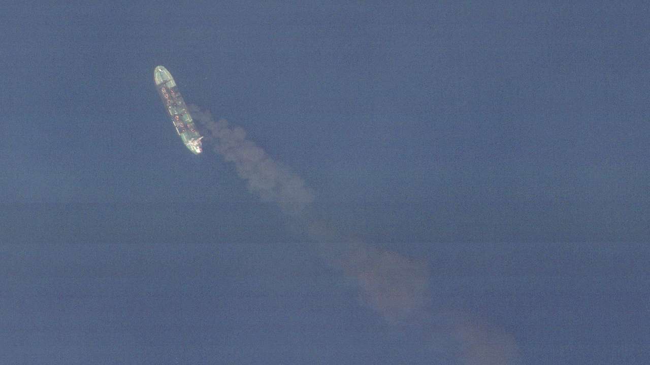 FILE PHOTO: Tanker ship Sounion burns after attack by Yemen's Houthi militants in Red Sea