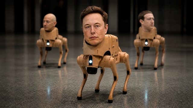 Instalação artística de IA na Alemanha reimagina Elon Musk, Jeff Bezos e Mark Zuckerberg como cães-robôs: nova elite é formada por proprietários de big techs