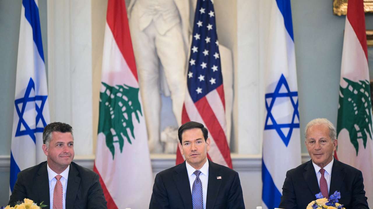 US Secretary of State Marco Rubio (C), alongside US State Department Counselor Michael Needham (L) and US Ambassador to Lebanon Michel Issa (R), speaks during a meeting with Lebanon's Ambassador to the US Nada Hamadeh Moawad (out of frame) and Israeli Ambassador to the US Yechiel Leiter (out of frame) at the State Department in Washington, DC, on April 14, 2026. (Photo by Oliver Contreras / AFP)