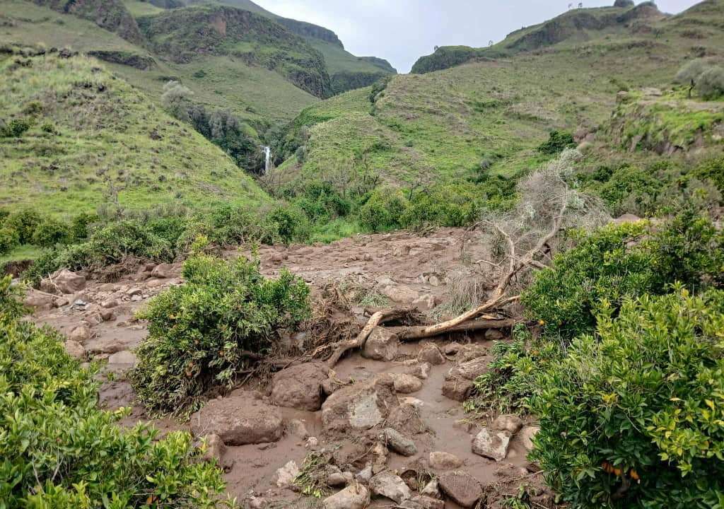 An area is damaged following a landslide that destroyed the Tersin village, in the Marra Mountains area of Sudan
